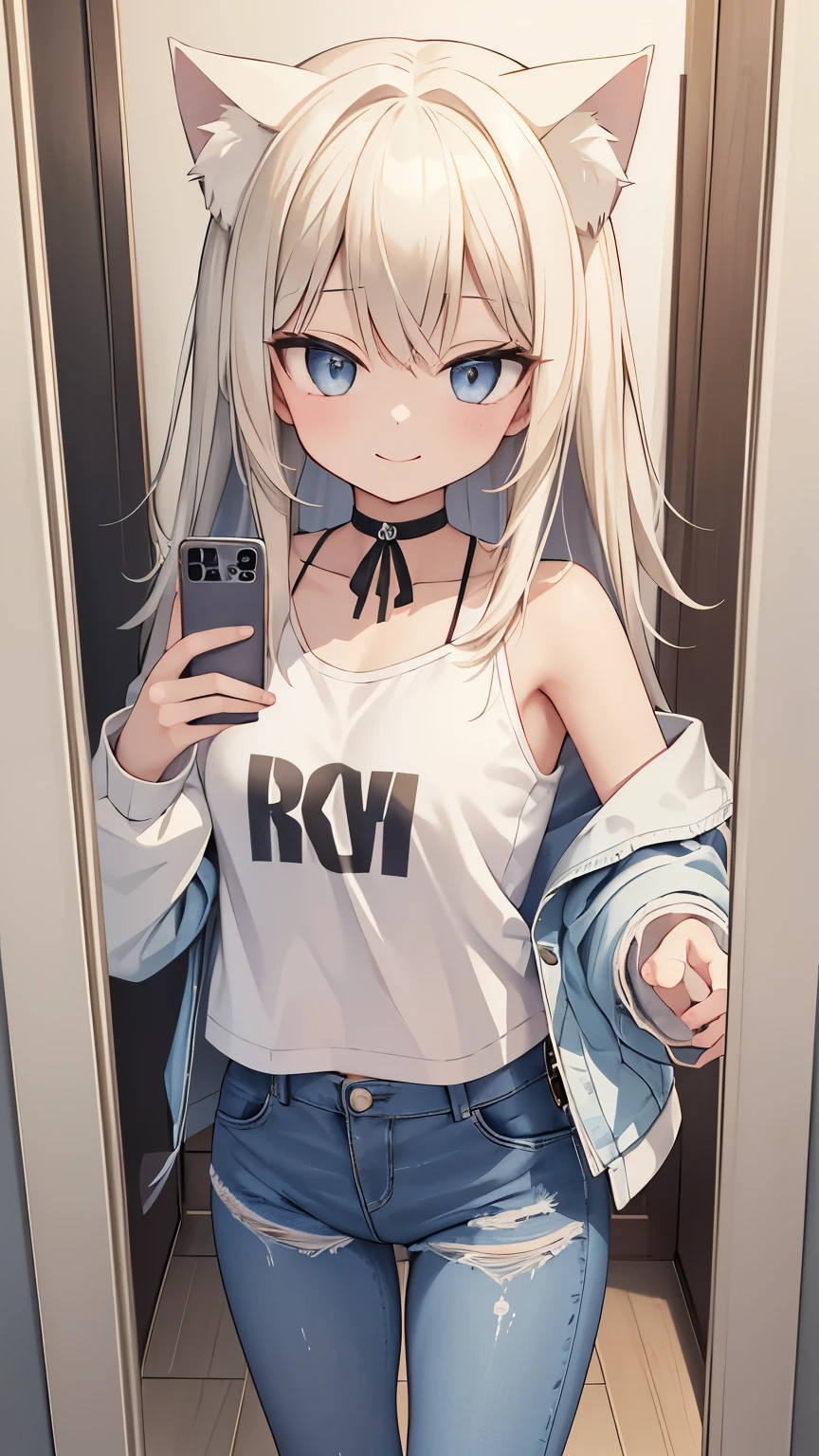 masterpiece, {{{{Highest quality}}}}, beautiful,1 girl, platinum_blonde_hair, cat ears(platinum blonde), cat tail(platinum blonde), denim short shorts, denim shorts, denim shortpants, denim, {{black pantyhose}}, denim shortpants, jacket, a choker{{{seductive smile}}}, {{selfee}}、{{self-taken picture}}、{{taking a picture of oneself}}, {{self_shot}}, In front of the mirror, Reflection in a mirror,
