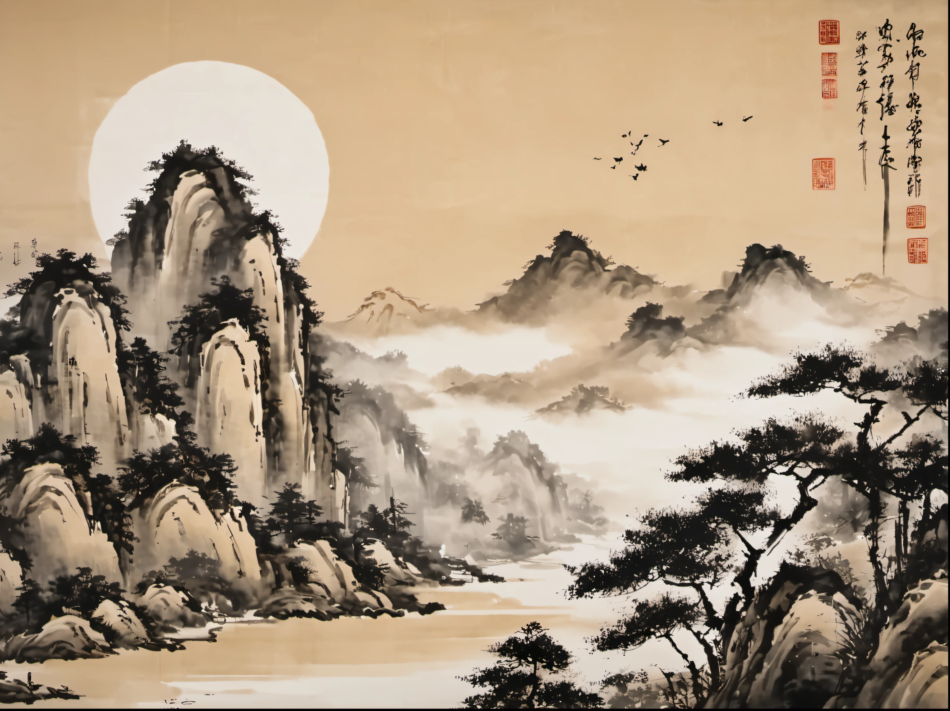 Ink style characters, Chinese painting, Ink painting on fabric, moon, bamboo, Mountain, pine, Beige uneven background