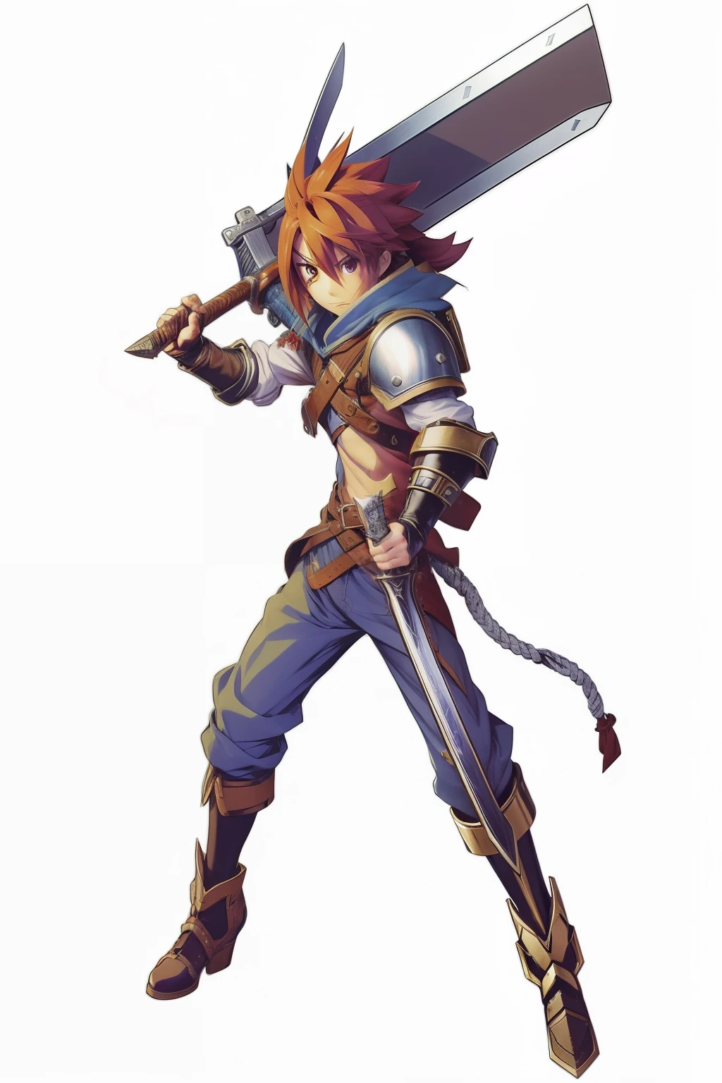 a close up of a person holding a sword and a sword, chrono trigger guilty gear style, guilty gear art style, katana zero video game character, hero 2 d fanart artsation, inafune design, fighting game character, jrpg character, jrpg character art, as a badass monster hunter, shirow masamune, 2 d sprite
