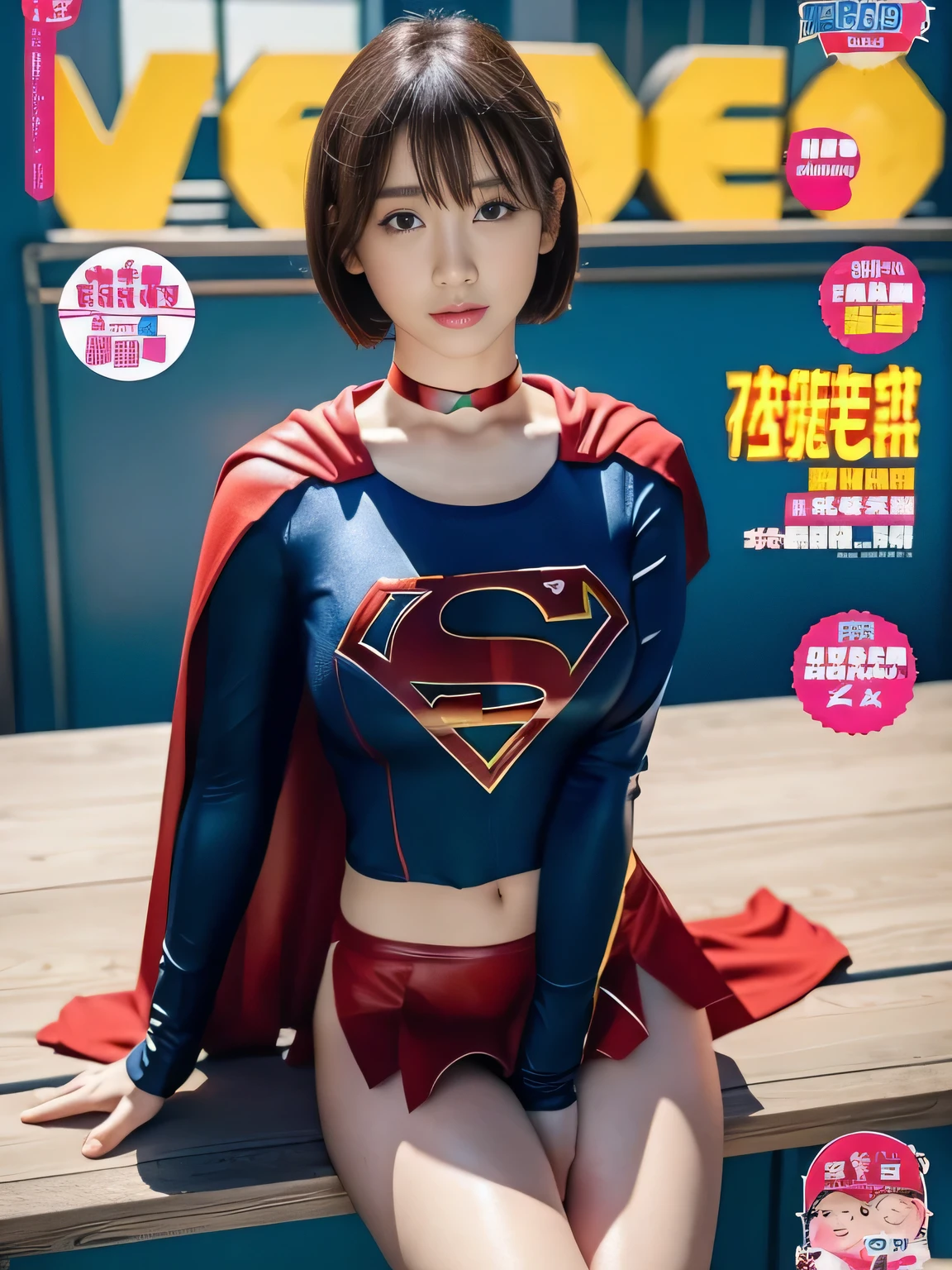 masterpiece、supergirl costume、short hair、barefoot、big and full breasts、Examination room、Straddling the examination table、sexy pose、athlete、shiny、looking at camera、Seduce、choker、long sleeve、red mini skirt、Weekly magazine cover、
