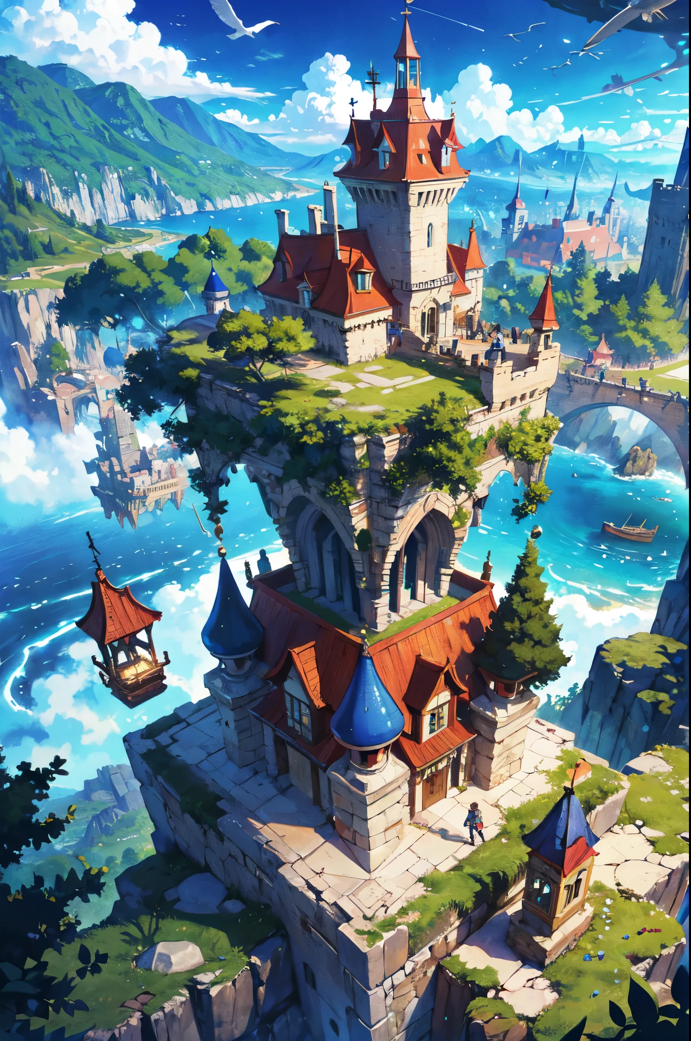 Sky quest, 2 adventurers traveling through nature, flying castle