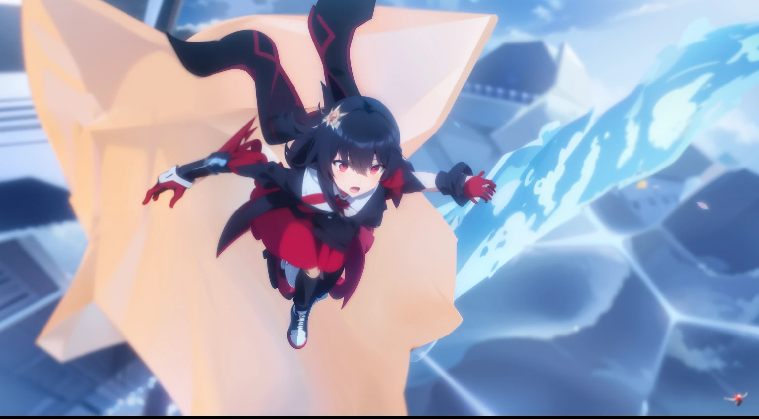 Anime characters in red and black clothes flying in the air.
