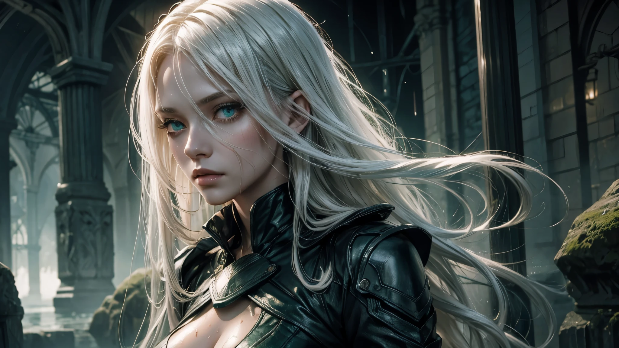 1 women, beatiful, long platinum hair, green eyes, wet, detailed clothes, dramatic pose, complex background, looking at the viewer, albino,