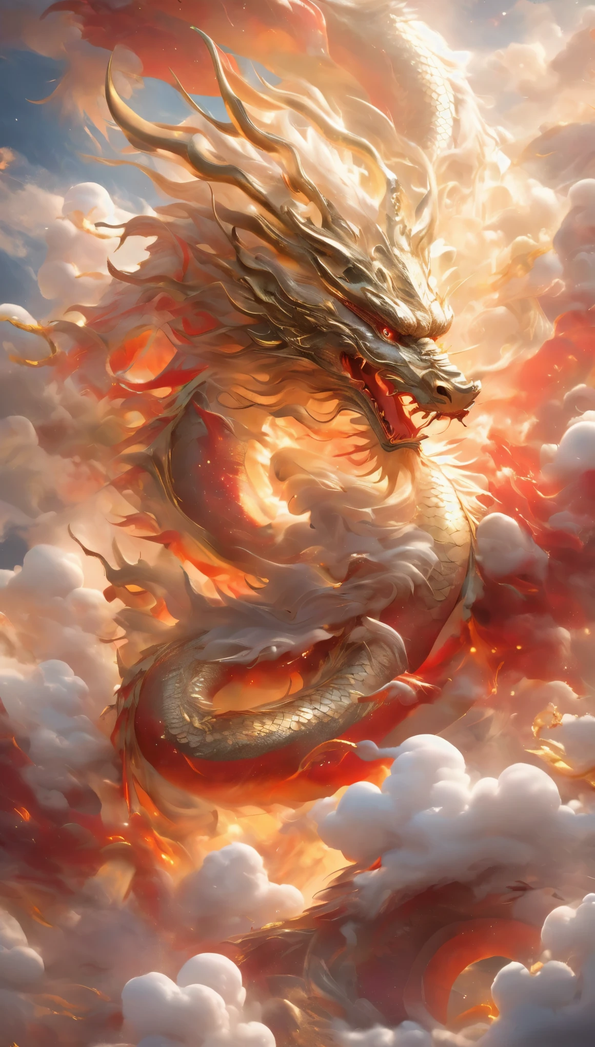 A giant dragon rises from the sea of clouds、Carrying great happiness、huge gold and red body、high detail、high level of image quality、High color rendering、High resolution、surreal、lifelike