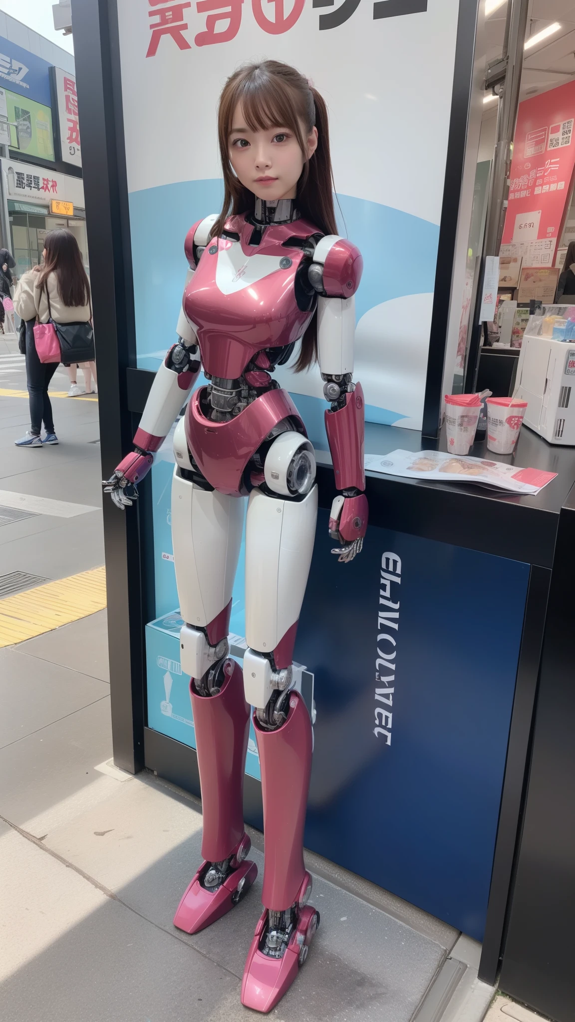 (Photorealsitic:1.4)、one robot woman、(top-quality)、(hyperdetailed face)、(Super well-formed face)、(Robot Parts)、(Female-Robot)、(25 years-old)、(Blue)、(pink there)、(Burgundy)、(metallic)、(full-body)、(sexy pose)、(Slender body)、(Model body type)、(full body mech)、(mechanical exposure)、(Akihabara)、(is looking at the camera)、(A brown-haired)、(Well-proportioned body)、(a small face)、(a small head)、(well-groomed fingers)、(Idol)、(front facing)、(Standing with legs open)、(Photo session)、(Looks sad)、(perfect-female-robot)、(perfect-mechanical-body)