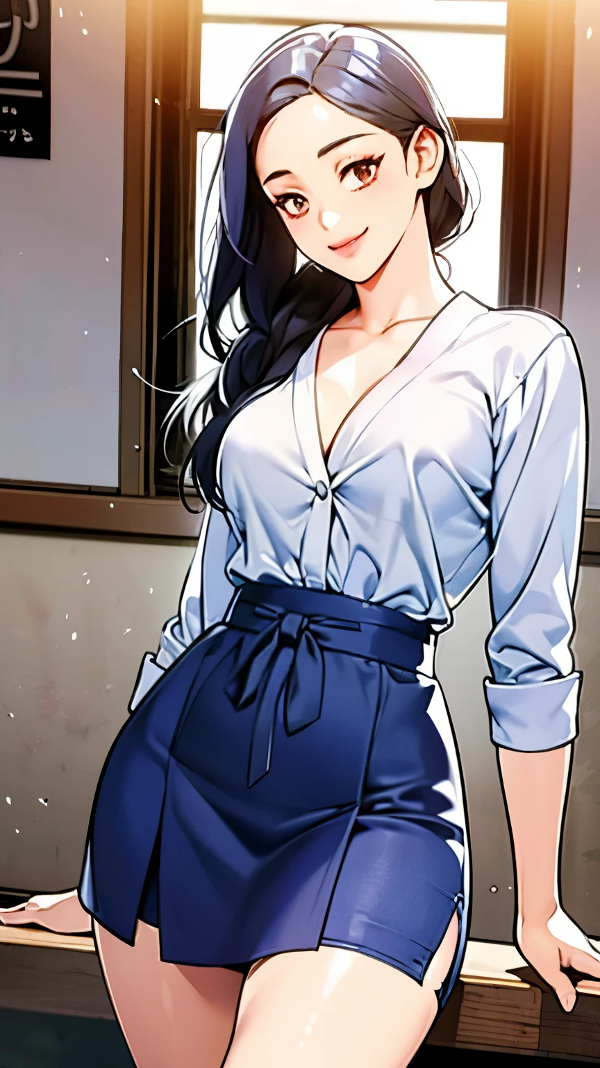 Alafed asian woman in short skirt and white shirt, surreal schoolgirl, cute , surreal , Japan girl uniform, realistic , JK school uniform, girl portrait, cute face with arms and legs, Seifuku, Sakimi-chan, cute core, realistic young gravure idol, high school girl posing, cute smile, cute pants, 🤤