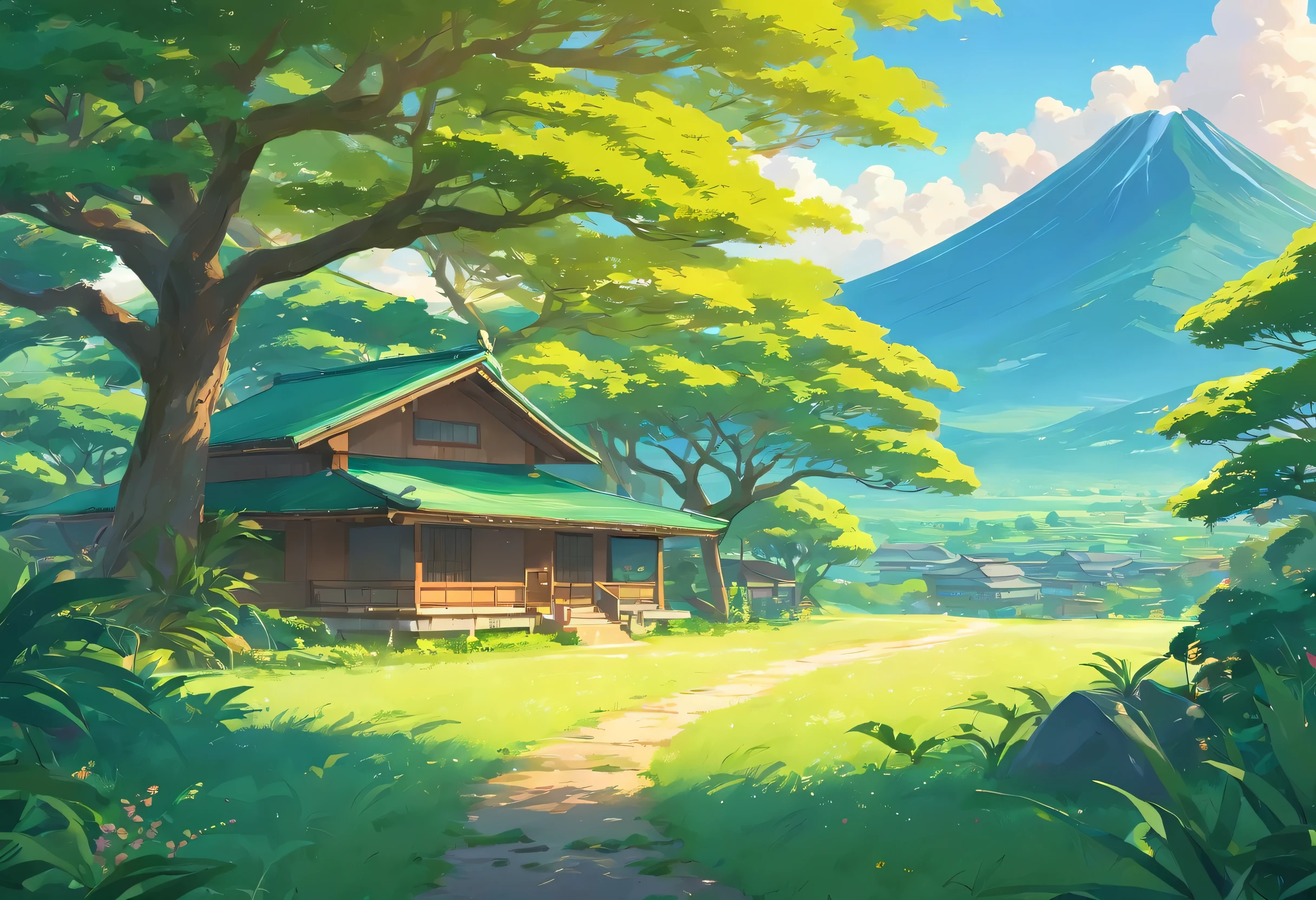 Green savana, tree in the middle, Beside the tree there is a japanese house, there are mountain, warm vibes, 4K