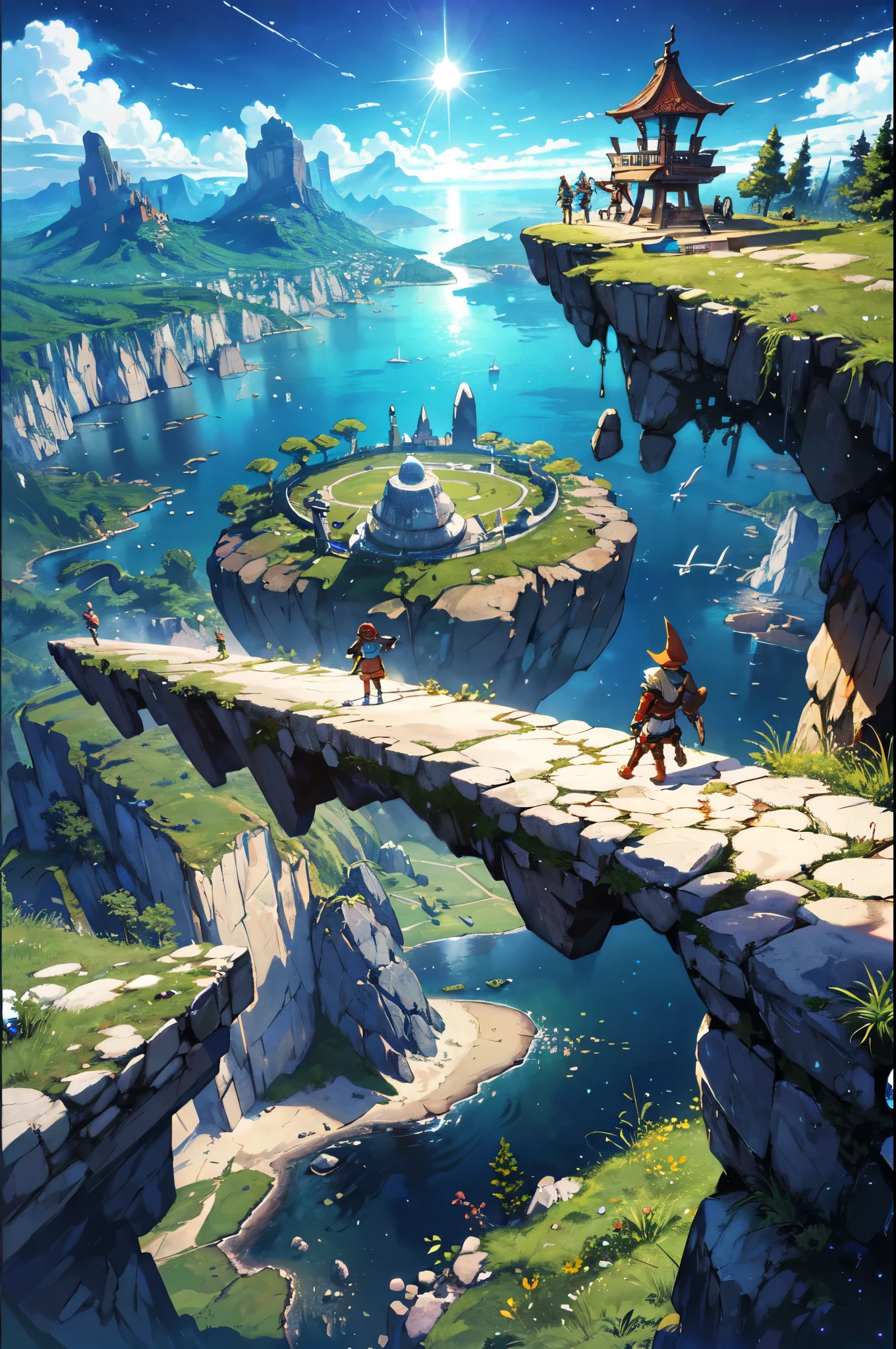 Sky quest, 2 adventurers traveling through nature, extensions of other sky islands connecting