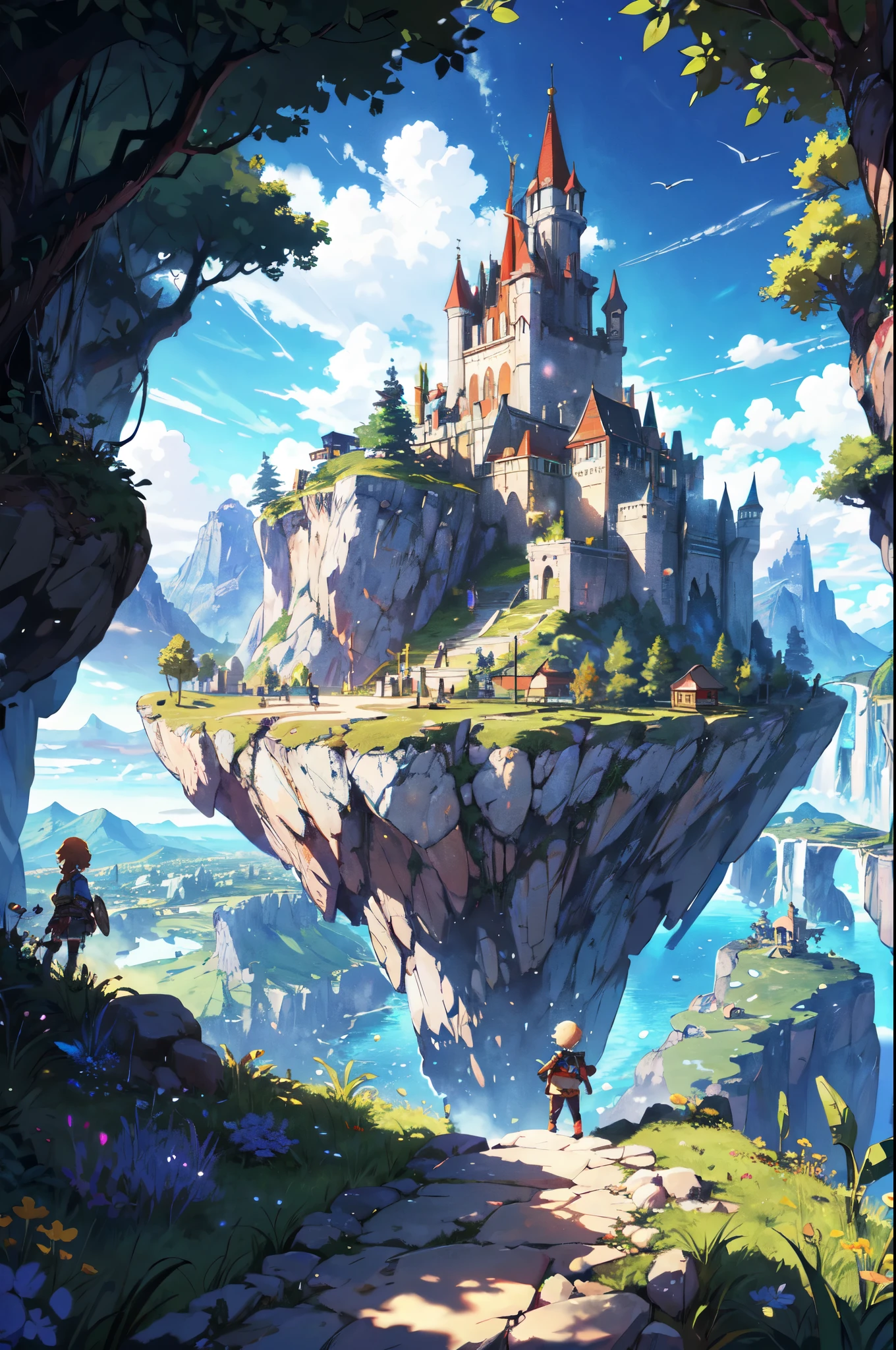 Sky quest, 2 adventurers traveling through nature, extensions of other sky islands connecting