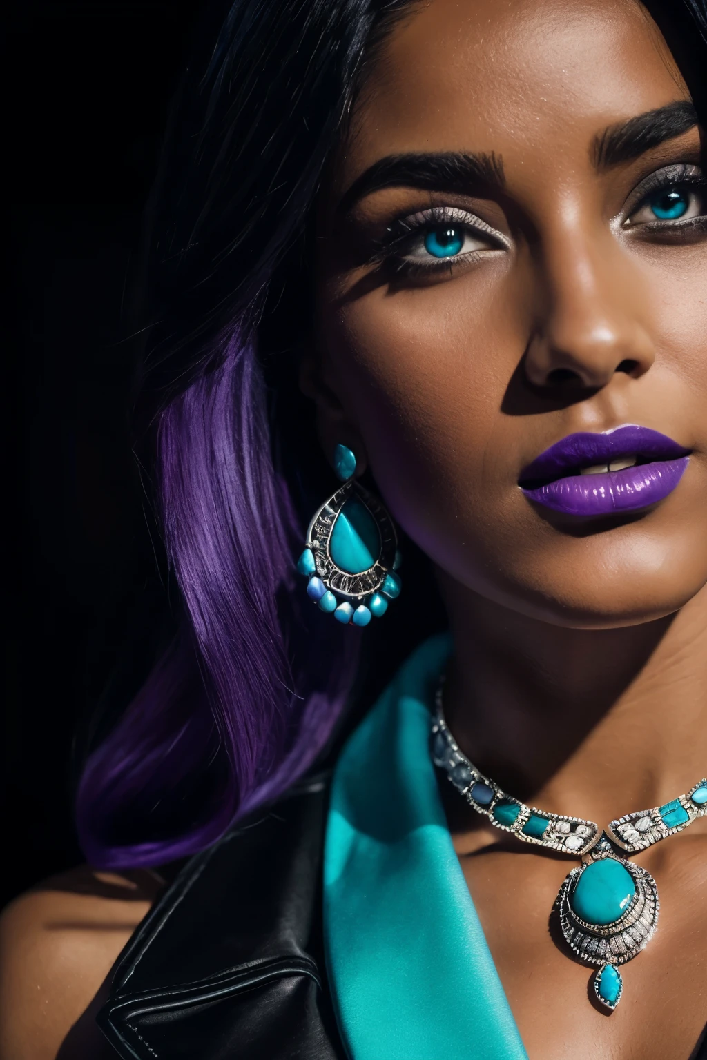 A 24-year-old woman with black hair adorned with purple tips, one eye ringed with turquoise and the other shimmering with a similar hue, donned a turquoise dress and a black coat. Her outfit was accessorized with a white boot, and she wore earrings and a pendant in the shape of a wolf's claw, all infused with the same magnificent turquoise gemstone. The amethyst collar she wore around her neck caught the light, adding an exquisite touch to the enchanting portrait. (Detailed, vibrant, hyper-realistic, close up, vintage camera, high resolution, black and white contrast, dramatic lighting,
