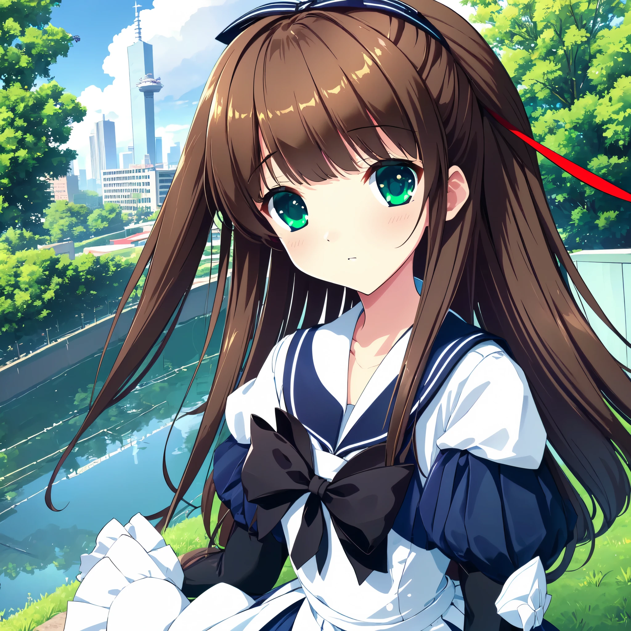 (best quality,4k,highres),ultra-detailed,realistic,portraits, Japaneese school girl, green eyes, long brown hair,anime style,futuristic, Frutiger Aero aesthetic, eco-modernist world, bokeh, ribbon headband,small breast,futuristic sailor lolita dress,puffy sleeves,white and blue,colorful lighting, red ribbon, navy blue pantyhose, school shoes, school bag, school crest, floating bubbles, standing in a green field with distant futuristic skyscrapers in the background, tertiary colors, highly detailed, 4K.