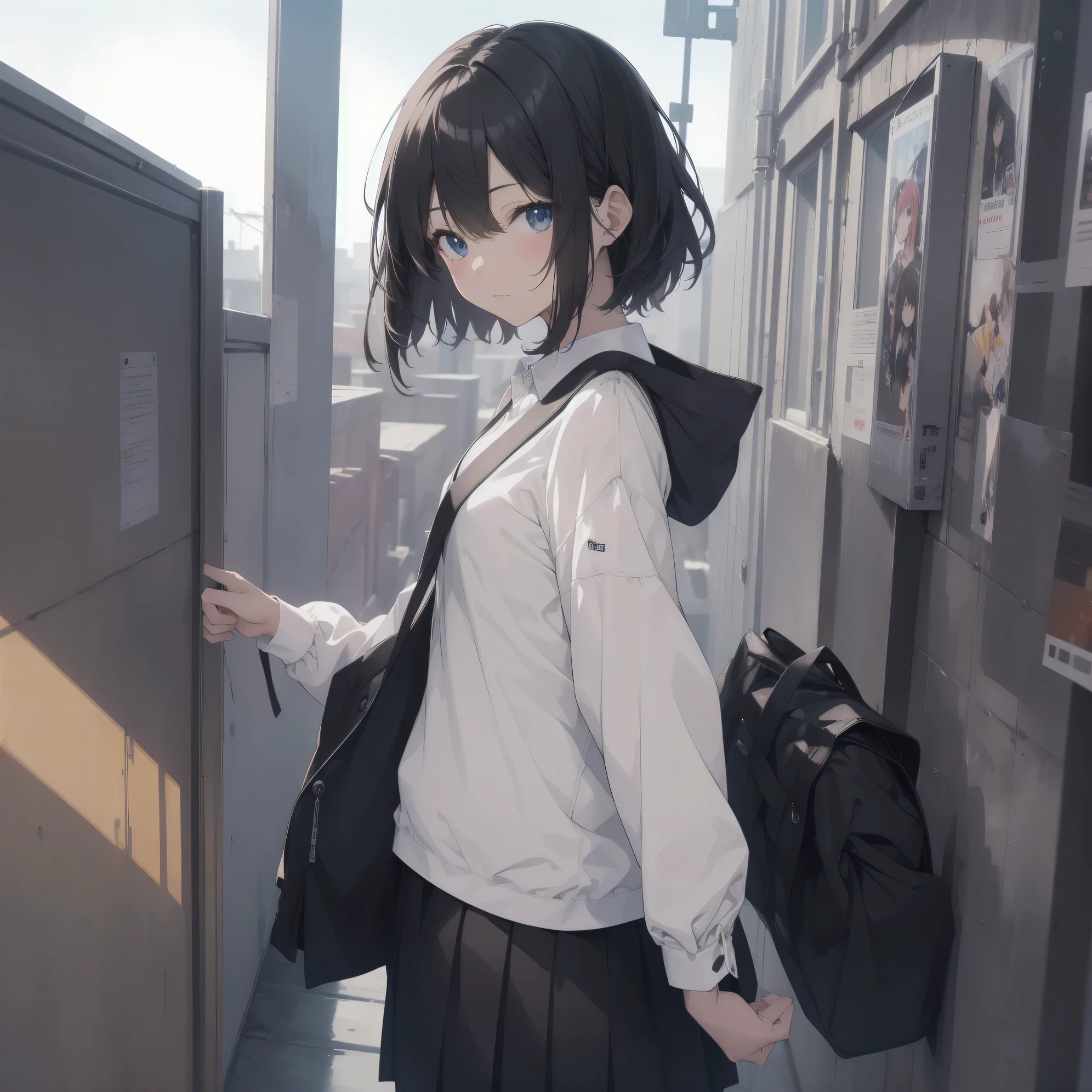 Super absurd quality by the god of art, Super detailed, High resolution, anime moe art style, best anime 8K konachan wallpaper, Pixiv contest winners, perfect anatomy, break, (眠そうにalone学校へ行く女の子を描いてください. )break,1 girl, (alone,little woman, cute face, :1.3),All limbs, full finger,, The charm of an immature body, (very_short hair), shortcut, Bang, flat chest, small ass, between legs, small black eyes, detailed and beautiful eyes, Well-proportioned iris and pupils, expressive eyes, High resolutionの詳細な髪, neck ribbon, shirt, collared shirt, skirt, pleated skirt, school uniform, (detailed lighting), (detailed background), On the way to school. break,super dense skin, Best cinematic lighting powered by famous artist, 8K,Beauty Illustration,photoshop_(Moderate),Absurd Hi-Res,UHD,rough skin,break,((artist:Fujiyama)), artist:Fujichoko,artist:Yamamoto_Soichiro,artist:hanekoto