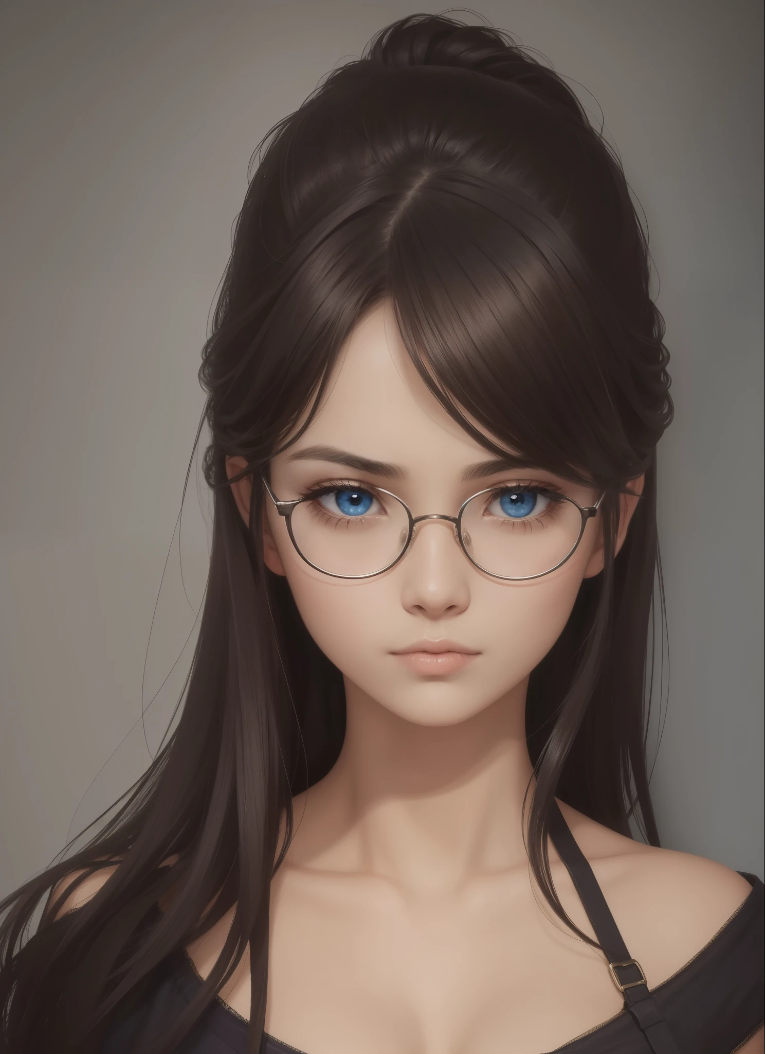 (obra maestra), (parte superior del cuerpo), (nipple erect), retrato, 18-year-old Nordic girl, sexy, mirando al espectador, cabello negro largo, ojos grandes azules, small mouth, labios grandes detallados, glasses, anteojos, sad emotional expression, Peinado de capas frontales, girl face, enfoque facial,, perfect composition, dark background with rust texture, hiperrealista, Kinematic, Super detailed, 8k, alta calidad, Arte de tendencias, tendencias en Artstation, sharp focus, Foto de estudio, Detalles intrincados, Altamente detallado