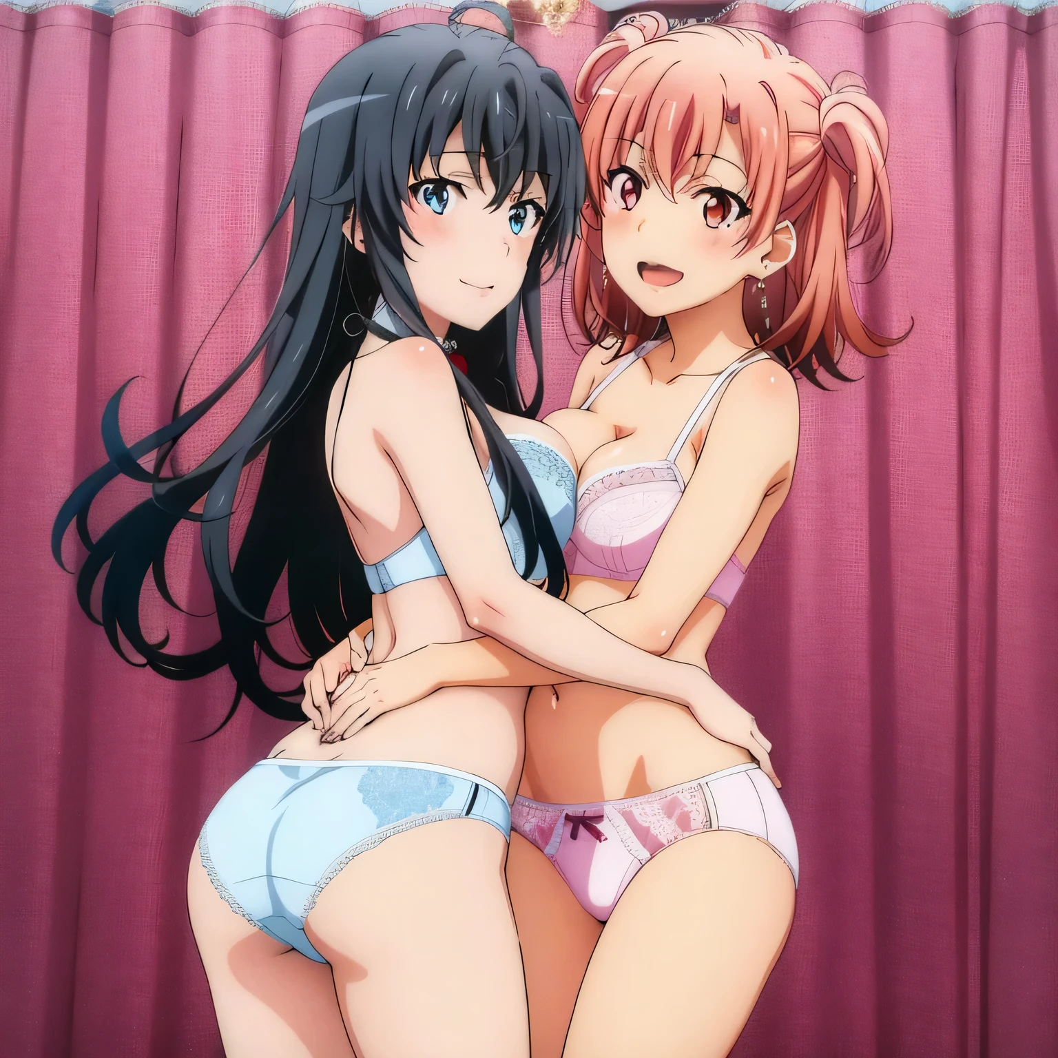 2 girls , Yukinoshita Yukino , Yuigahama Yui has well-shaped breasts and ass, waltz dance , In underwear,whole body,pink silk panties,white silk panties,high angle,smile,