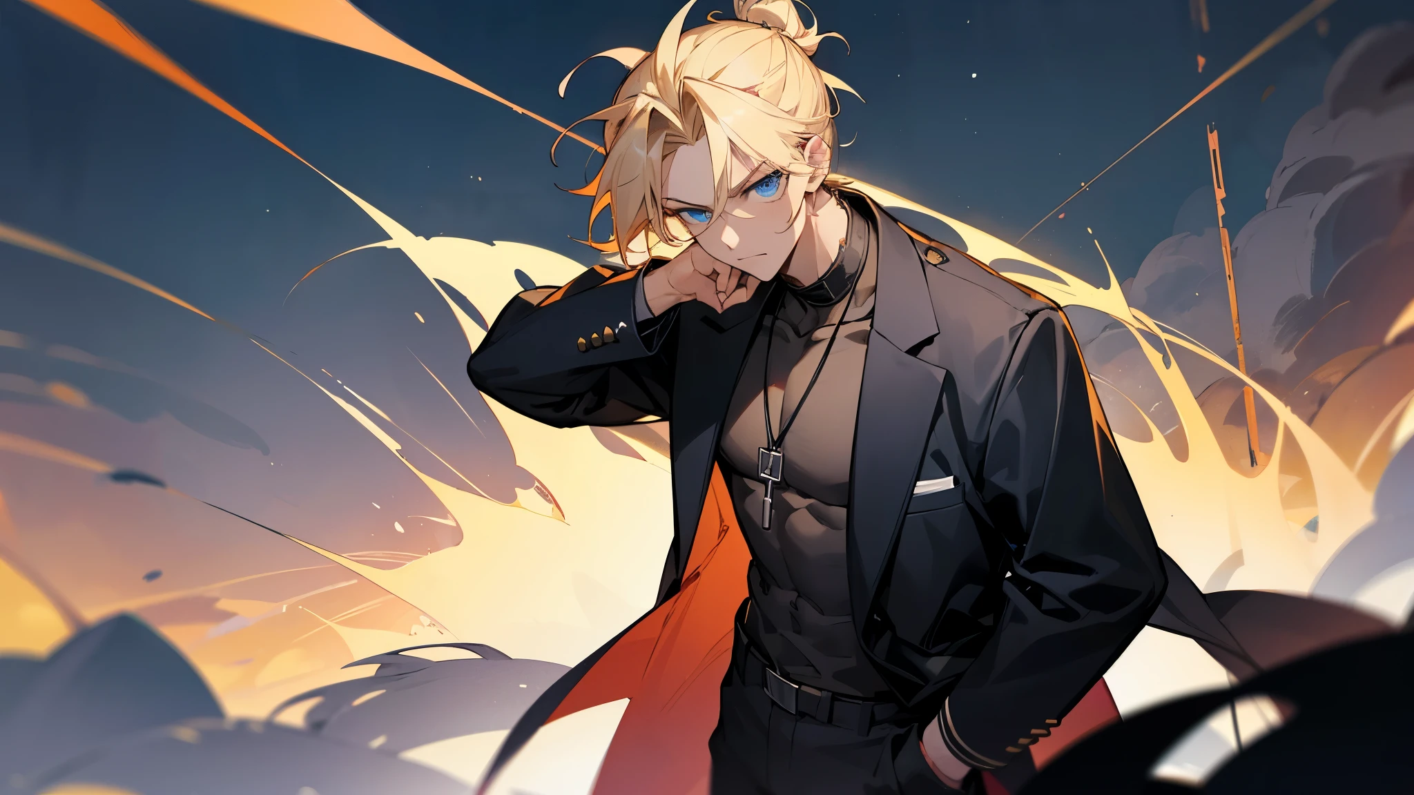 1male , Black Jacket , Male , Muscular , Blonde Hair Tied in a Bun , Messy Hair , Serious Expression , Blue Eyes , Standing in outside ,night time, Facing Viewer ,wearing neckalce
