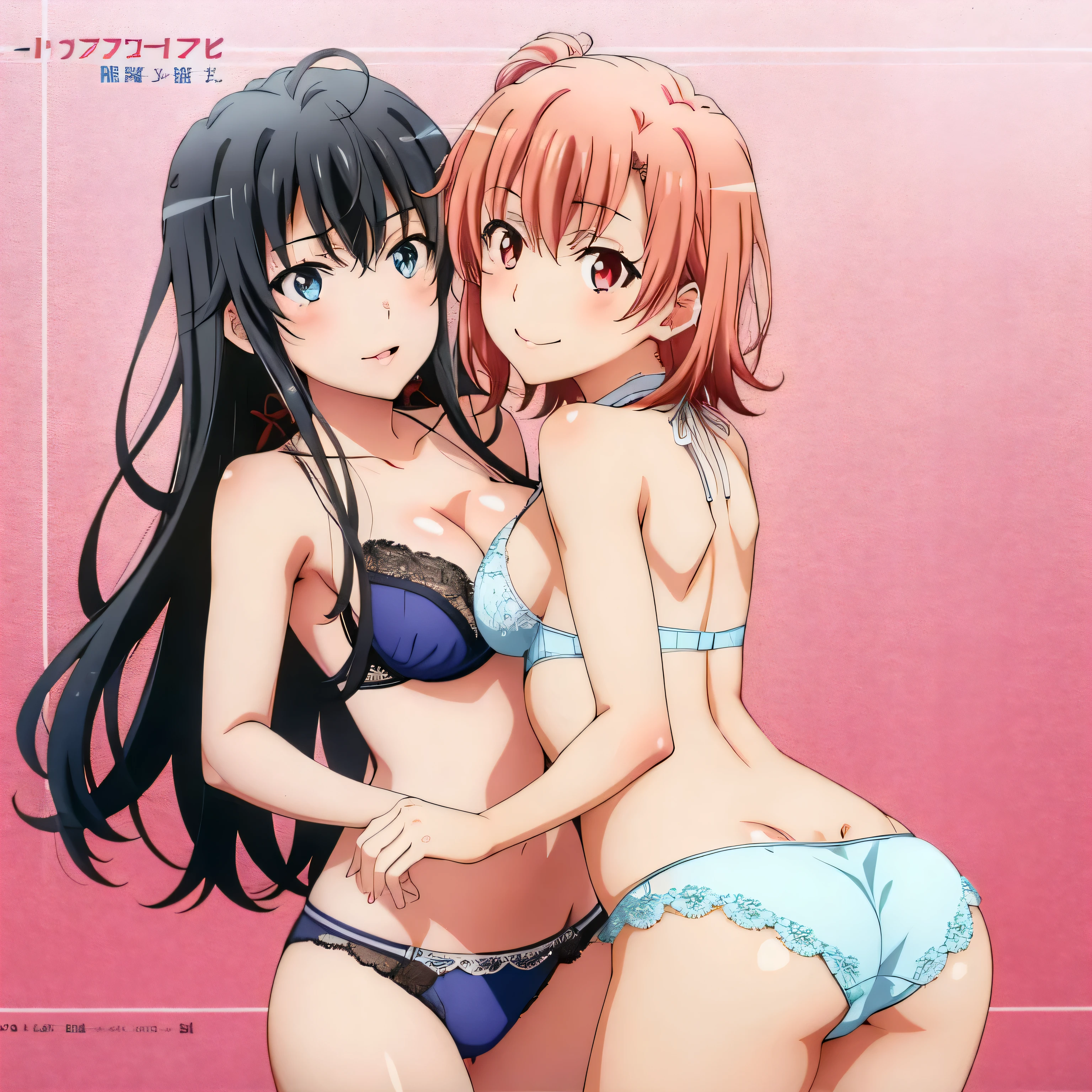 2 girls , Yukinoshita Yukino , Yuigahama Yui has well-shaped breasts and ass, waltz dance , In underwear,whole body,pink silk panties,white silk panties,high angle,smile,