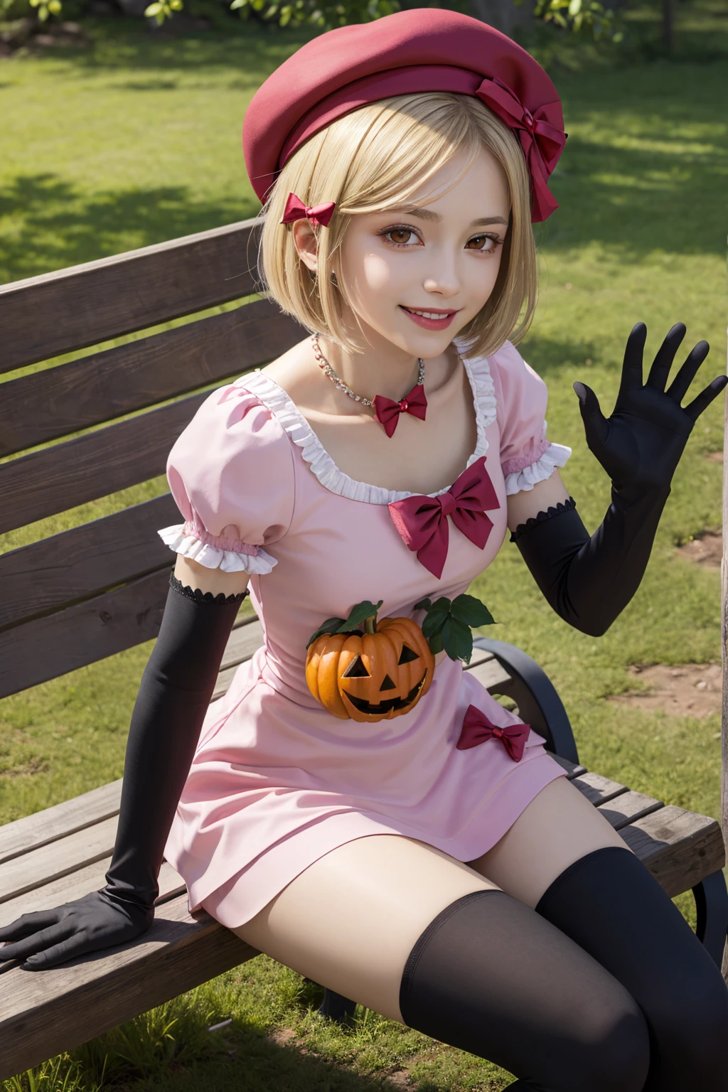 masterpiece, best quality, highres, aalamb, short hair, hair bow, red bow, beret, pink headwear, red eyes, necklace, frills, pink dress, jack-o'-lantern, puffy sleeves, elbow gloves, black gloves, waving, smile, bench, outdoors, sitting