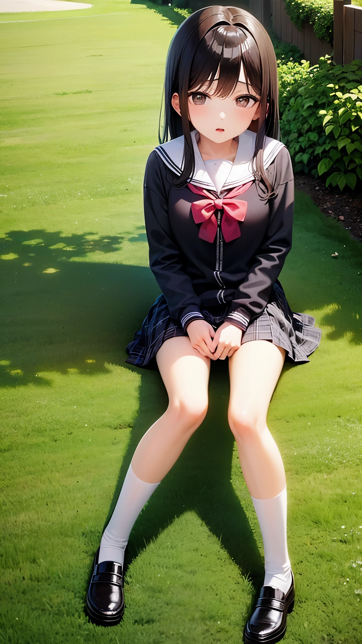 ((full body shot))、realistic,photorealistic,Super detailed,perfect shading,shiny skin,Big eyes、long eyelashes、Neat and clean hairstyle、smile、open your mouth、school life,,girl,軽いsmile,schoolyard、Sit on the lawn、Stretch your legs straight to the left and right、With chin rest、((black knee high socks))
