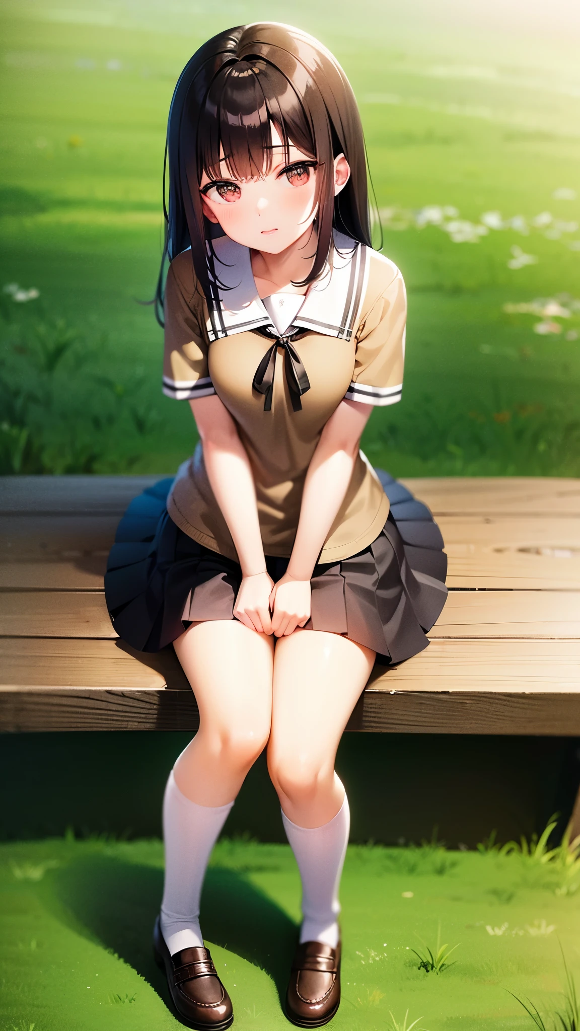 、dark brown hair、brown eye、one cute girl、solo、and soul、school uniform、mini skirt、garden、sit on top、