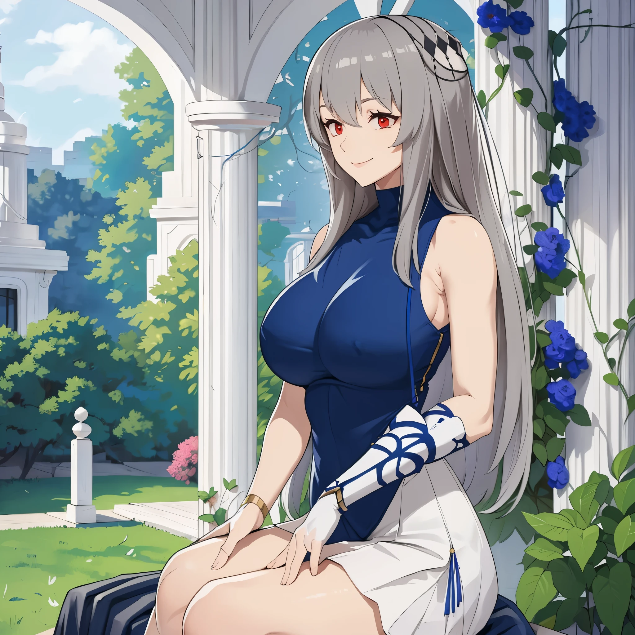 A woman with gray hair, red eyes, wearing a blue sleeveless shirt, wearing a white skirt, big breasts, smiling, in a pavilion in a garden
