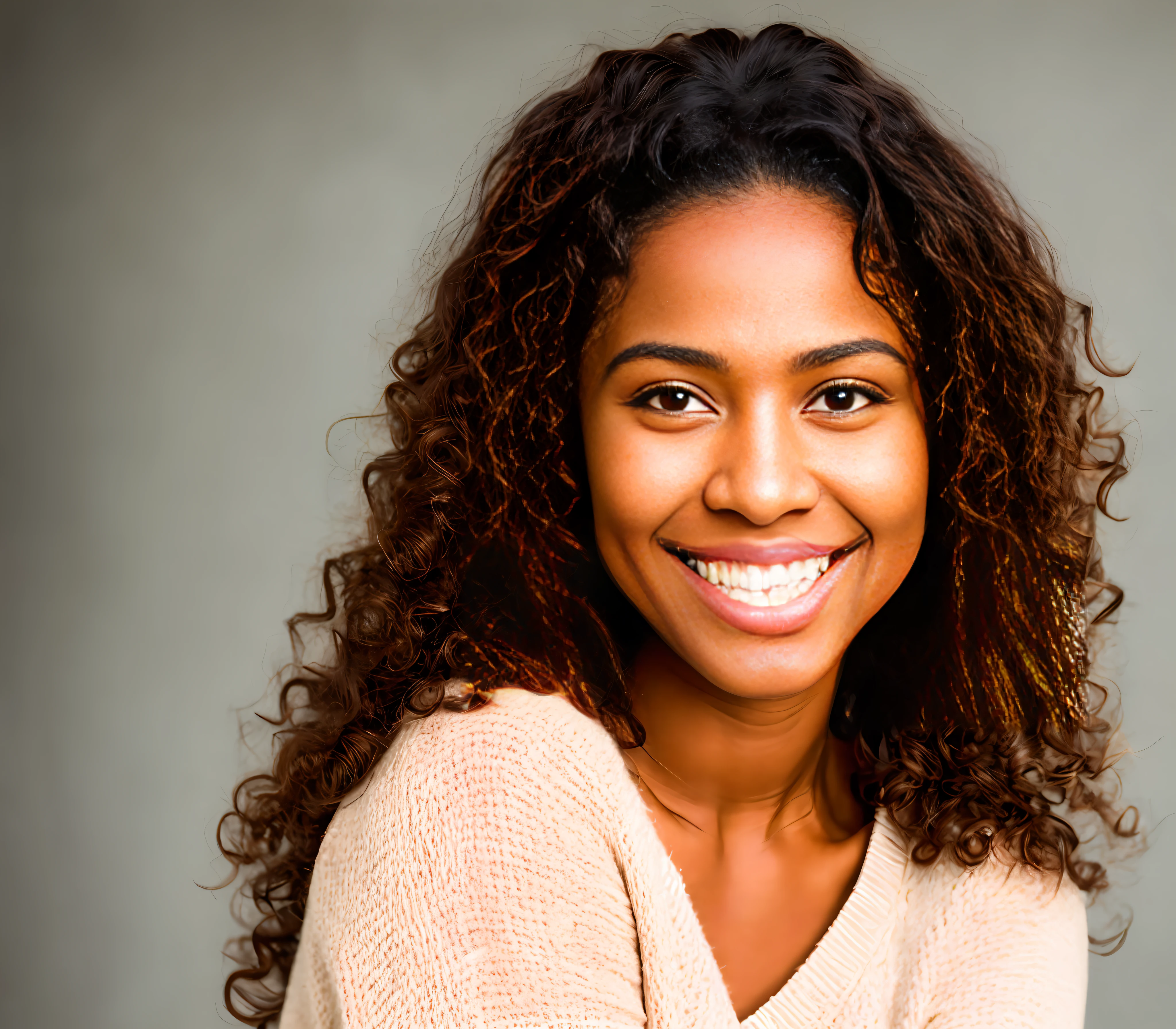 foto de retrato perfecto de (joven negra)) , Mejor calidad, She wears a black sweater, soft lighting, Gorgeous, mujer morena, amplia sonrisa,
very complex hd wallpaper