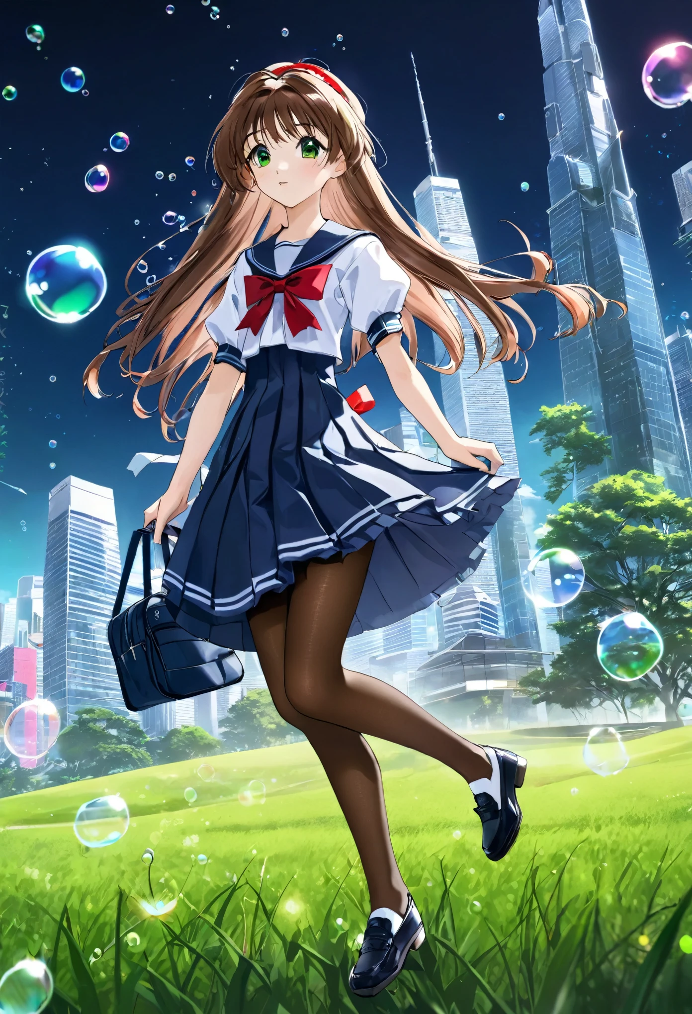 (best quality,4k,highres),ultra-detailed,realistic,portraits, Japaneese school girl, green eyes, long brown hair,anime style,futuristic, Frutiger Aero aesthetic, eco-modernist world, bokeh, ribbon headband,small breast,futuristic sailor ****ta dress,puffy sleeves,white and blue,colorful lighting, red ribbon, navy blue pantyhose, school shoes, school bag, school crest, floating bubbles, standing in a green field with distant futuristic skyscrapers in the background, tertiary colors, highly detailed, 4K.