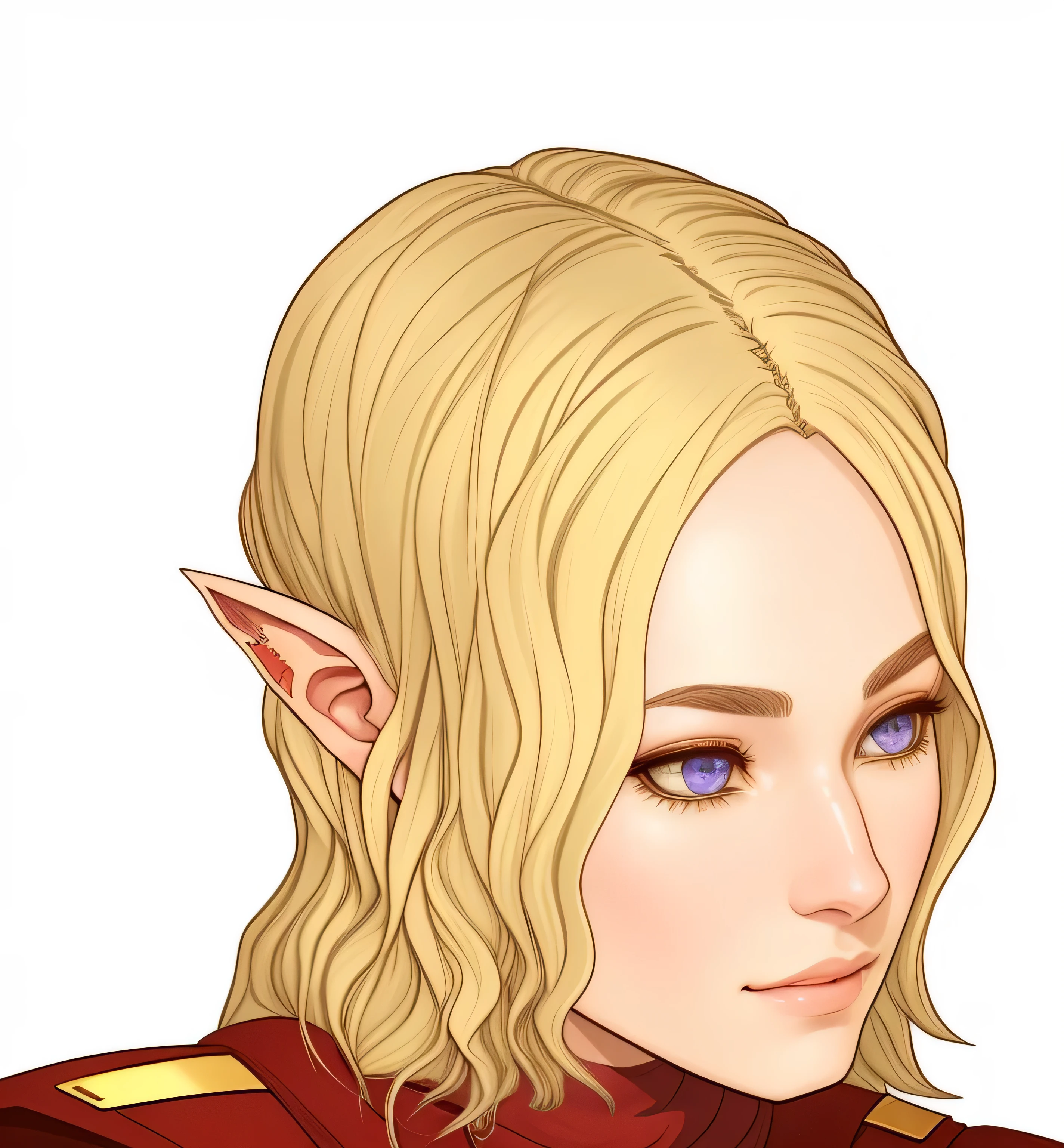 uma imagem de desenho animado de uma mulher loira com olhos roxos, side portrait of elven royalty, Um retrato de um elfo, Retrato de um feiticeiro elfo feminino, Retrato de um elfo, elven character with smile, Retrato de um personagem DND, jovem mago meio elfo, Retrato de um jovem mago elfo, Elfo Feminino, retrato feminino elfo mago, elfo feminino