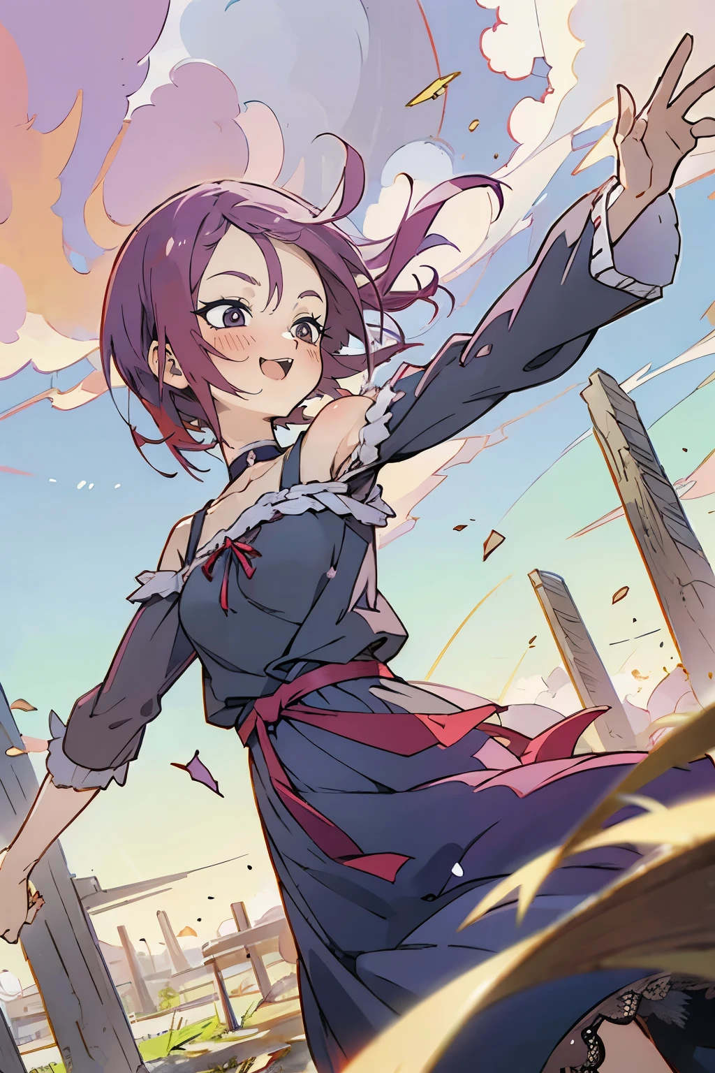 masutepiece, Best Quality, Ultra-detailed, Kisho, jigokuraku, 1 girl, reddish Purple hair, Gray eyes, showa town, Ruins, Bang, Beautiful sky, shining sky, Sunshine, ribbon, Black Belt, black choker, blue dress, lace dress, sweater, off-shoulder sleeves, half-sleeves