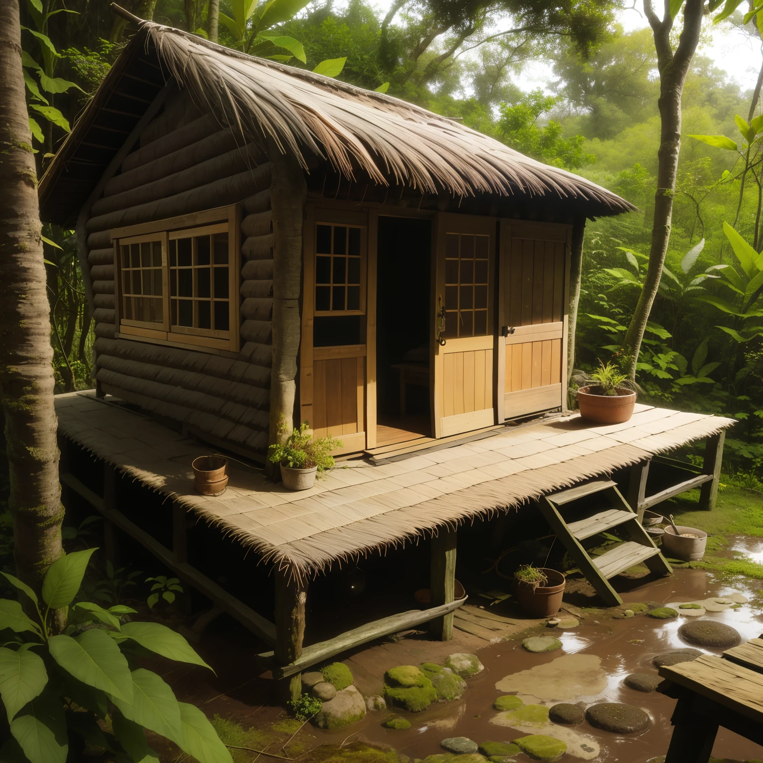 Imagine a quaint little mud hut nestled in the heart of a dense forest. The hut, made of sun-dried mud and thatch, blends harmoniously with the surrounding vegetation. The wooden door, worn and weathered, creaks softly in the gentle breeze, inviting you in. The atmosphere is tranquil and serene, with the sound of birds chirping and rustling leaves providing a calming melody. The smell of earth and wood is strong, and the sensation of the cool mud underfoot is both grounding and rejuvenating. The hut appears small and unassuming, but its simple charm and connection to nature make it a truly unique and captiv