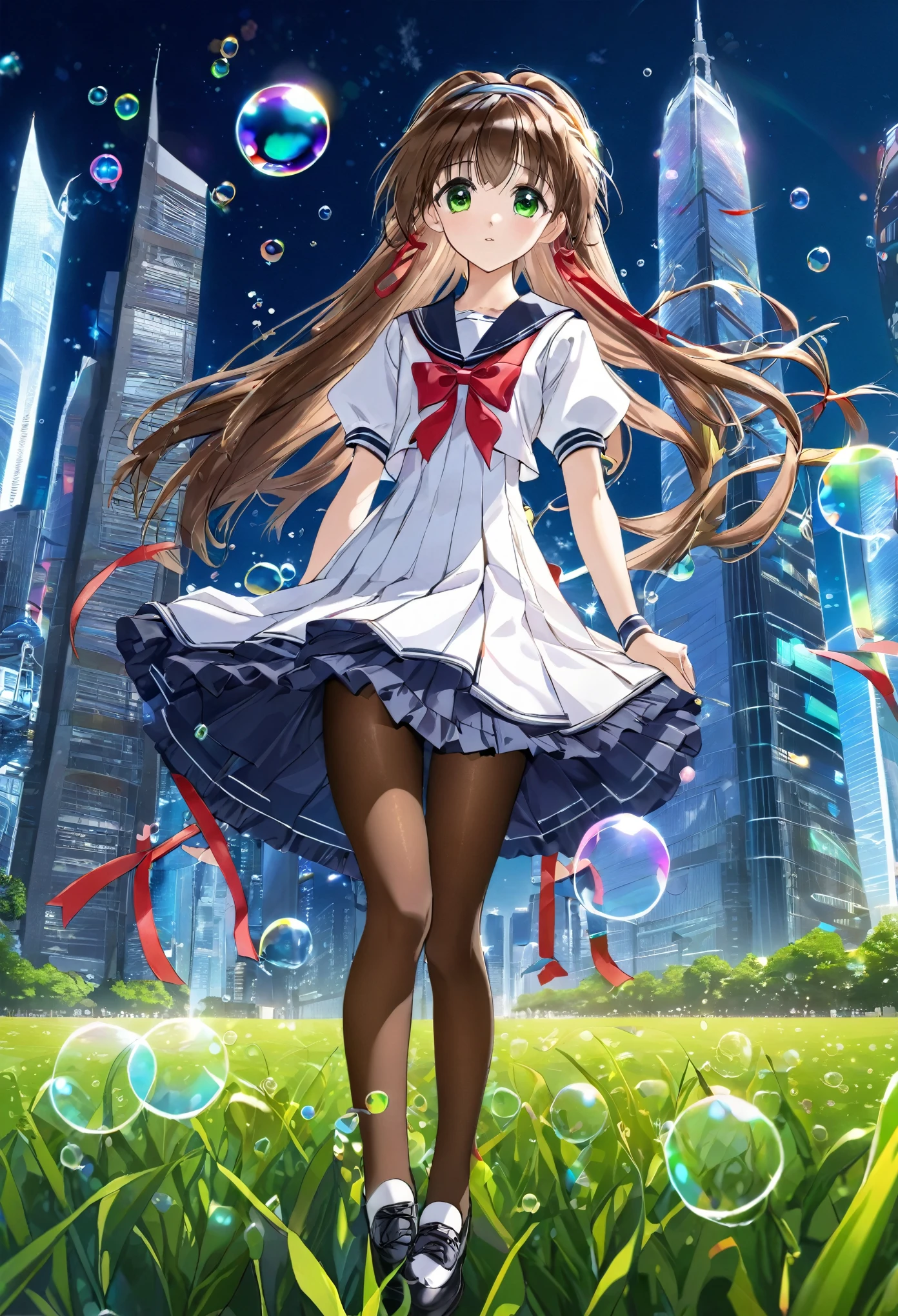 (best quality,4k,highres),ultra-detailed,realistic,portraits, Japaneese school girl, green eyes, long brown hair,anime style,futuristic, Frutiger Aero aesthetic, eco-modernist world, bokeh, ribbon headband,small breast,futuristic sailor ****ta dress,puffy sleeves,white and blue,colorful lighting, red ribbon, navy blue pantyhose, school shoes, school bag, school crest, floating bubbles, standing in a green field with distant futuristic skyscrapers in the background, tertiary colors, highly detailed, 4K.