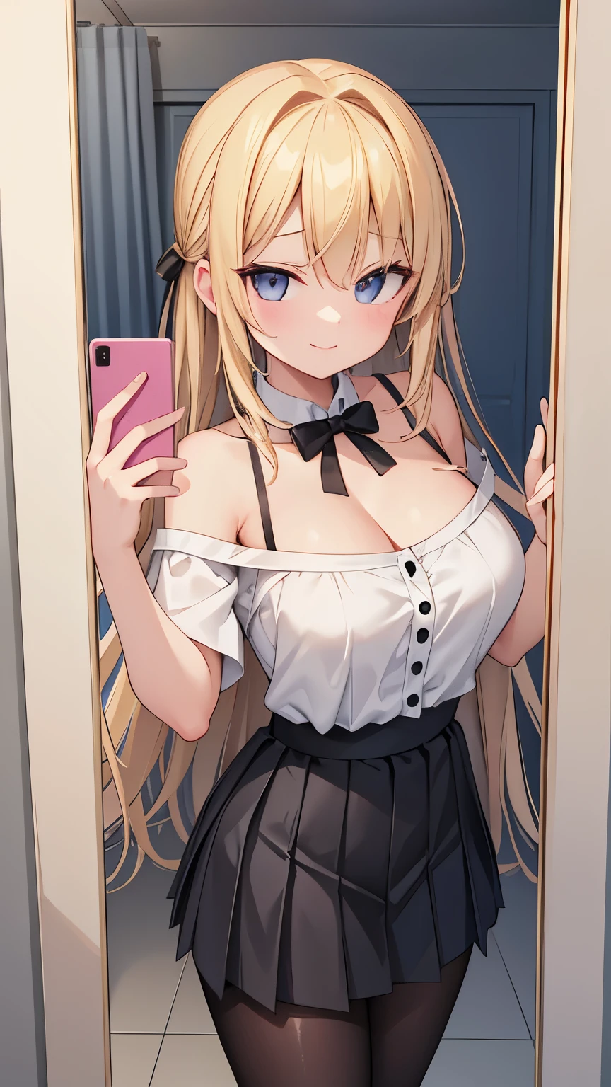 masterpiece, {{{{Highest quality}}}}, 16K, beautiful,1 girl, blonde_hair, pleated_skirt, bare_shoulders, sleevesless, cleavage, black_pantyhose, {{{seductive smile}}}, self-taken picture、taking a picture of oneself, self_shot,In front of the mirror, Reflection in a mirror,