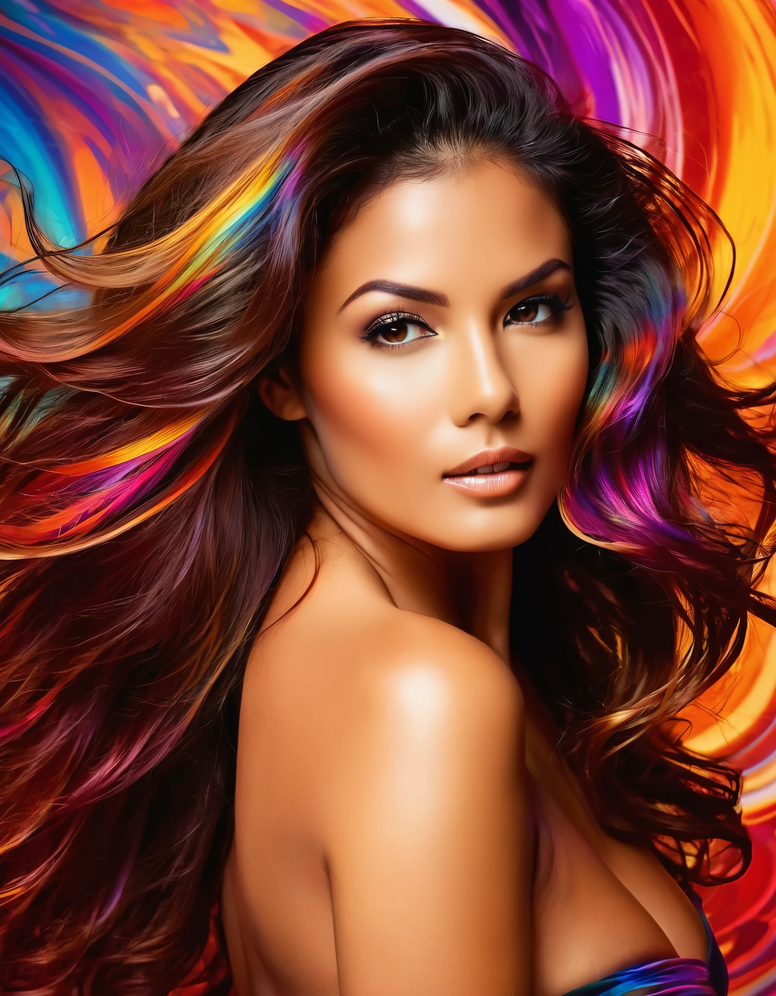 A sultry woman with flowing hair and a seductive gaze, set against an abstract background of swirling colors.