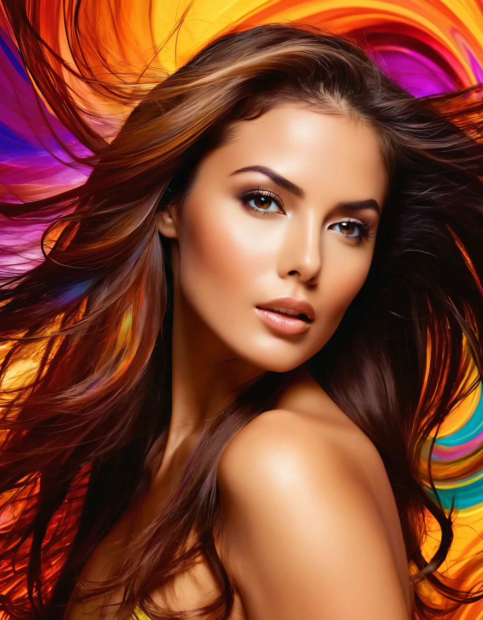A sultry woman with flowing hair and a seductive gaze, set against an abstract background of swirling colors.