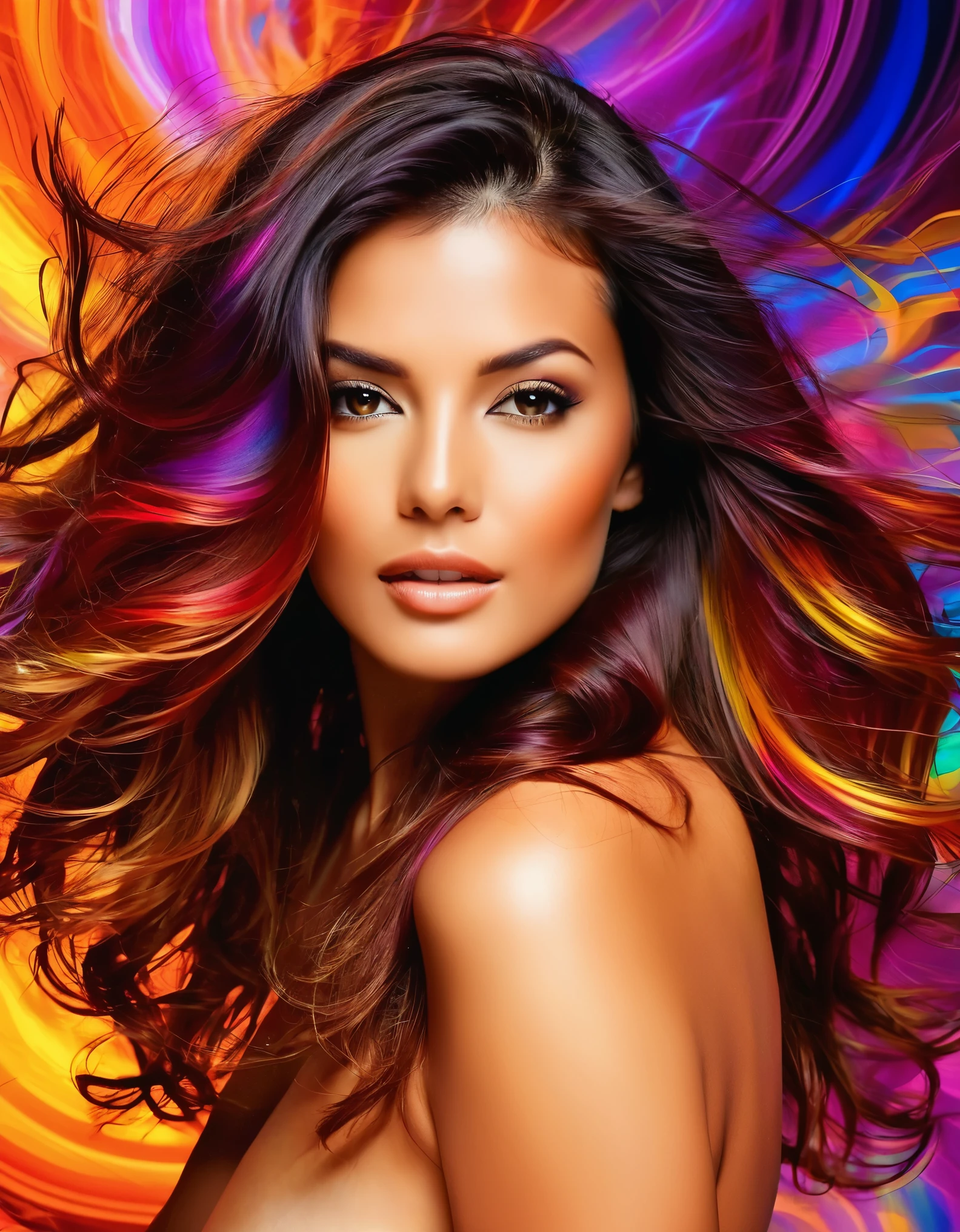 A sultry woman with flowing hair and a seductive gaze, set against an abstract background of swirling colors.