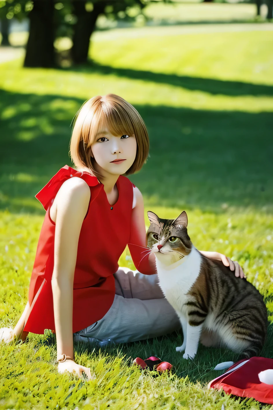 thin, alone, whole body, Cat ear, short golden hair, red eyes, Around 18 years old，girl,sitting on the grass