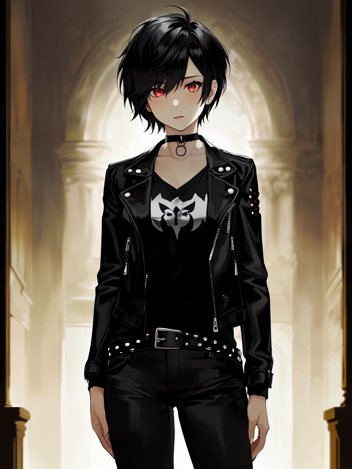 1girl, solo, mature female, (pale skin:0.9), red eyes, glowing eyes, black hair, (wavy hair:0.1), tomboy hair, messy hair, short hair, hair between eyes, mullet, wolfcut, pixie cut, goth, emo, punk, gothic, breasts, black biker jacket, black shirts, black pants, choker, simple background, gothic castle, indoors