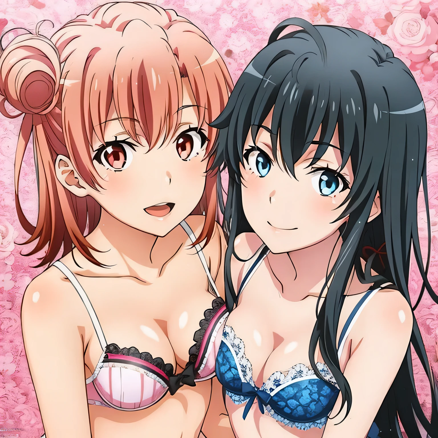 2 girls , Yukinoshita Yukino , Yuigahama Yui has a good chest shape, waltz dance , In underwear,face forward,whole body,pink silk panties,white silk panties,high angle,smile,looking at the camera,