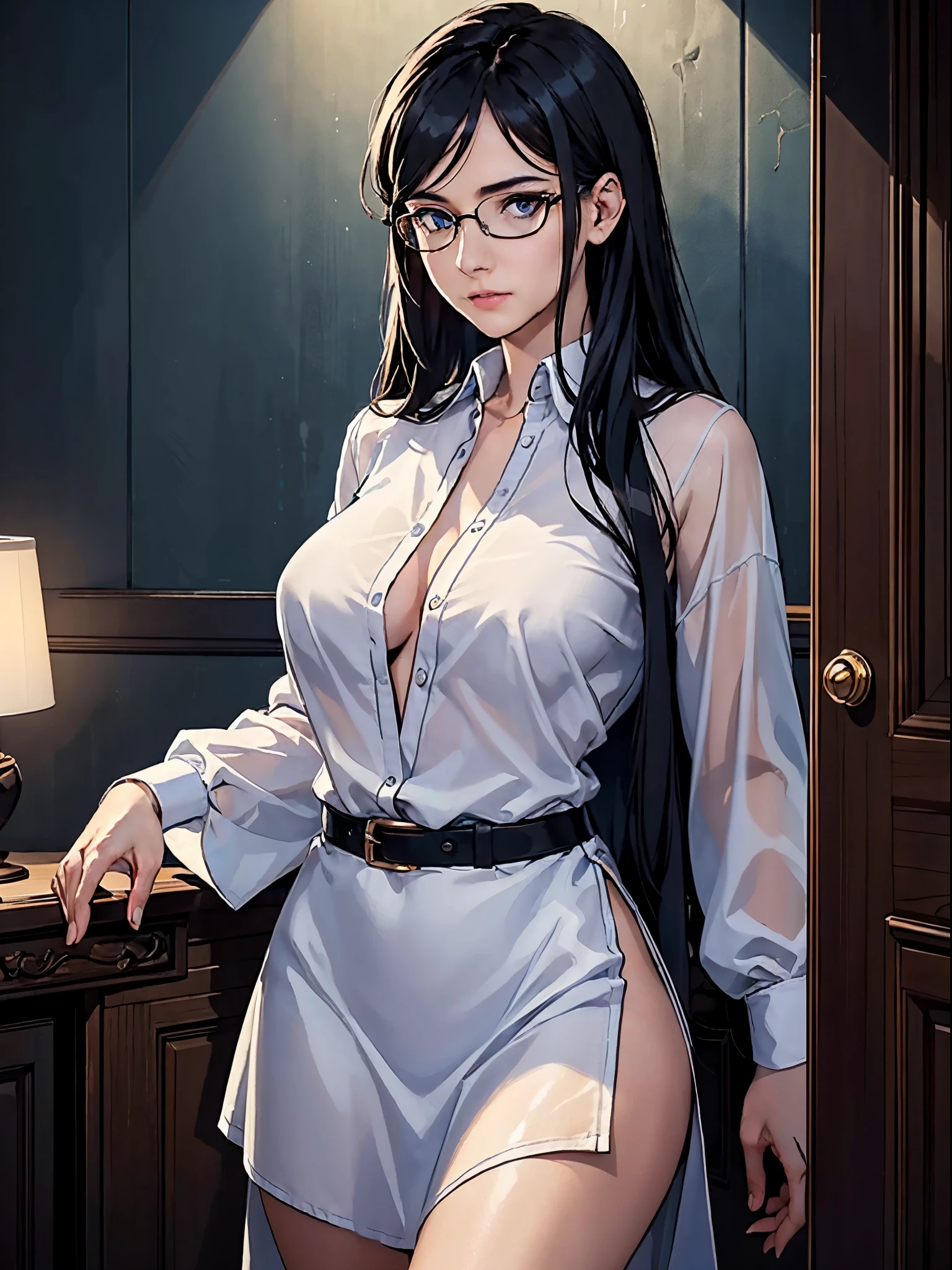 (best quality:1.4),masterpiece,ultra-detailed,delicate features,delicate skin,realism,beautiful lighting,cowboy shot,1girl,black hair ,blues eyes ,tareme,long hair,gleaming skin,glasses, oversized shirt