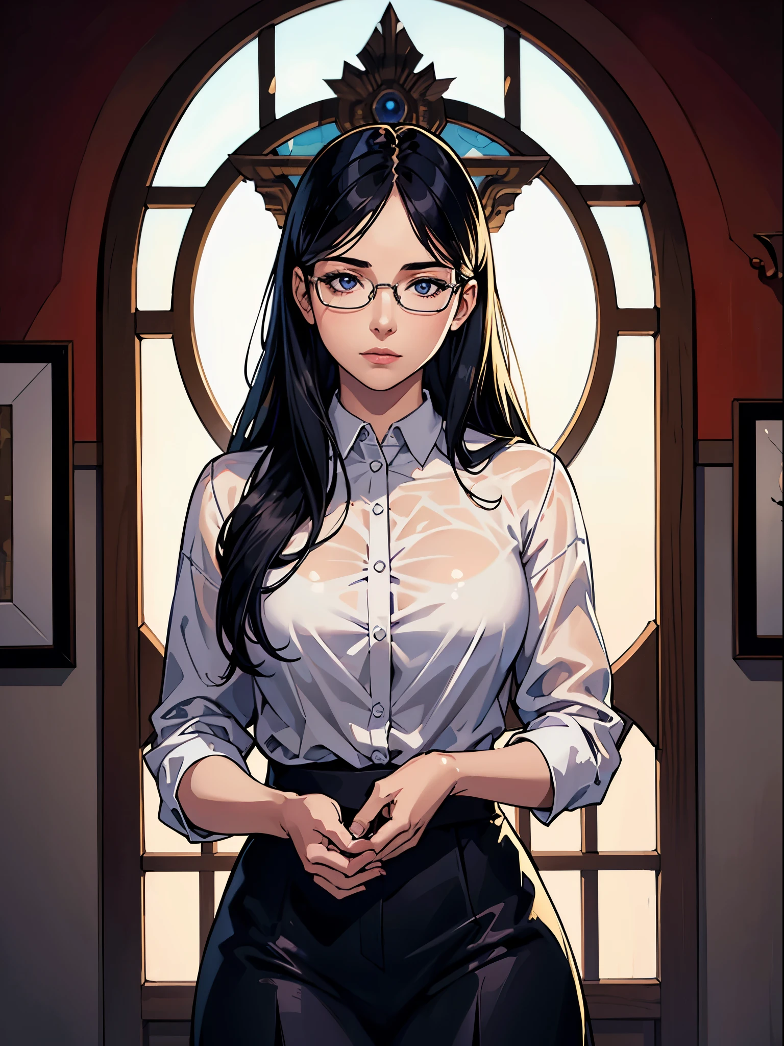 (best quality:1.4),masterpiece,ultra-detailed,delicate features,delicate skin,realism,beautiful lighting,cowboy shot,1girl,black hair ,blues eyes ,tareme,long hair,gleaming skin,glasses, oversized shirt