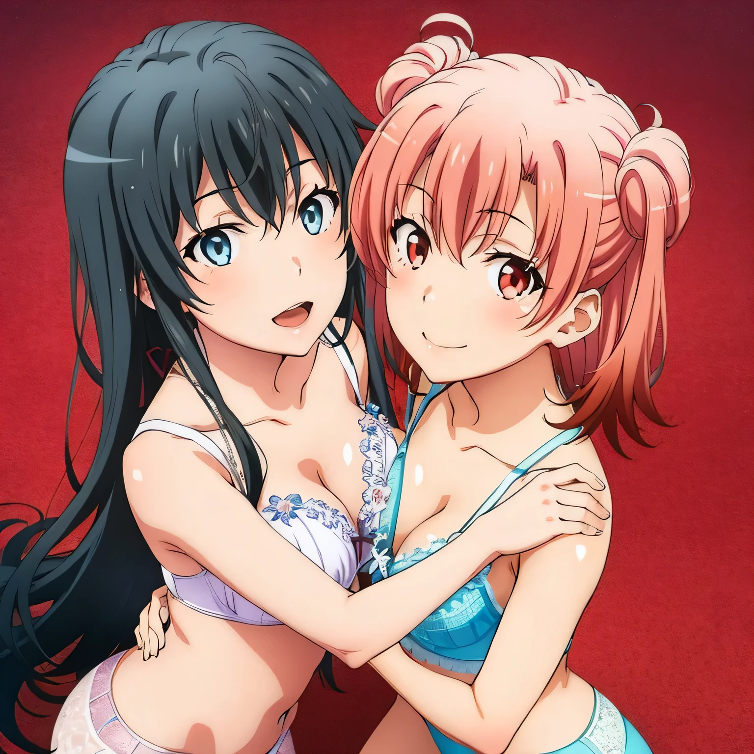 2 girls , Yukinoshita Yukino , Yuigahama Yui has a good chest shape, waltz dance , In underwear,face forward,whole body,pink silk panties,white silk panties,high angle,smile,looking at the camera,