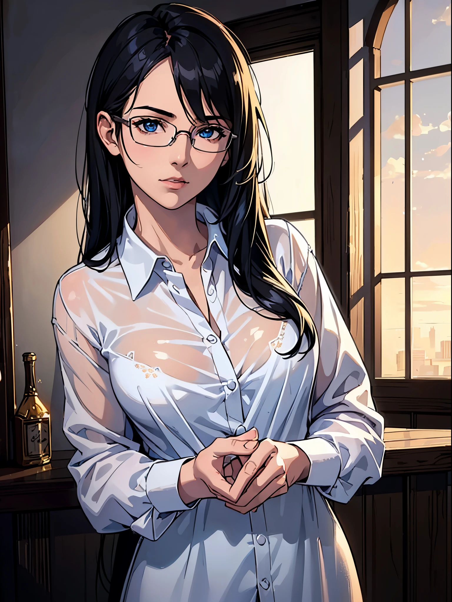 (best quality:1.4),masterpiece,ultra-detailed,delicate features,delicate skin,realism,beautiful lighting,cowboy shot,1girl,black hair ,blues eyes ,tareme,long hair,gleaming skin,glasses, oversized shirt