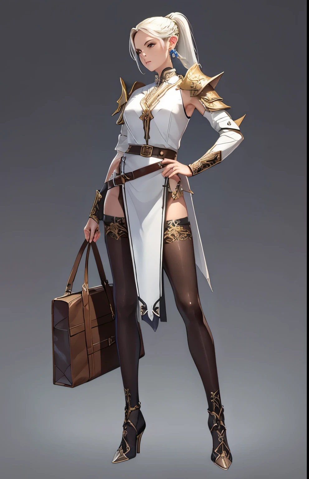 ((masterpiece, best quality)),concept art, woman,, Detailed face，pointed ears, full body details, full of details, Very detailed, depth, many parts, White single ponytail，Ranger。beautiful woman, muscular body, leather armor，Sackcloth clothes, leather bags，belt。（Blade and Soul style）High heel,jewelry, braid, earrings,White background，standing posture。