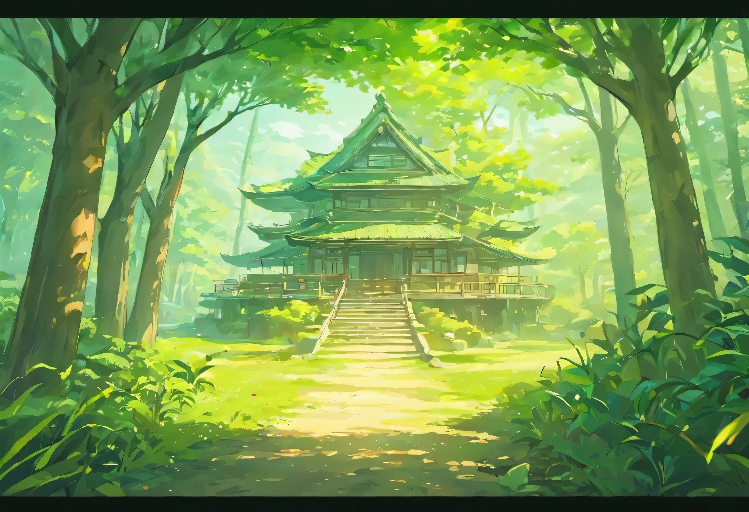 Green savana, tree in the middle, beside the tree there is a japanese house, there are mountain, warm vibes, 4K