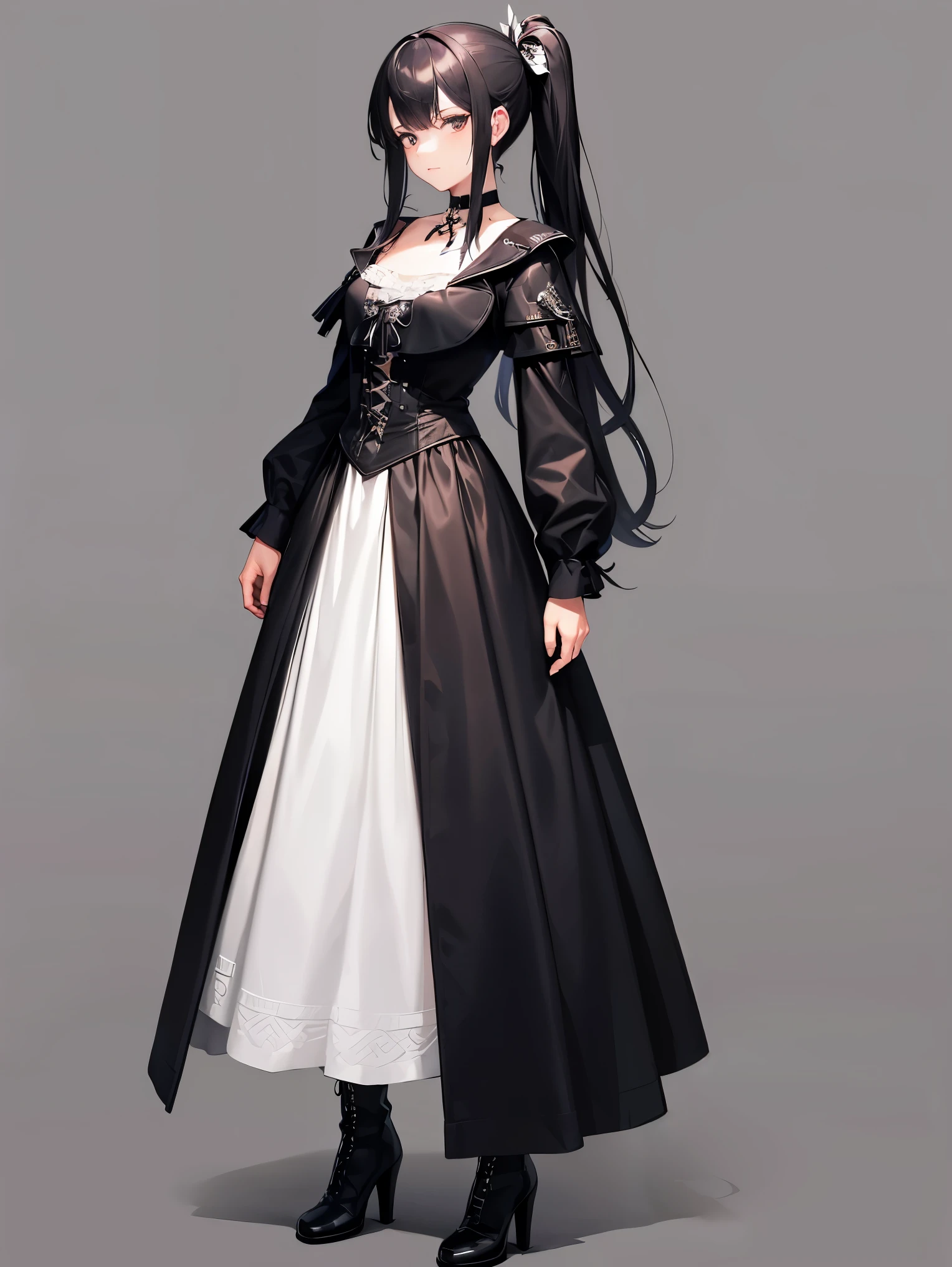 masterpiece, best quality, ultra-detailed, beautiful, 1girl, solo, black hair,side ponytail, long hair,straight hair,white gothic dress,black gothic jacket,choker, long boots, standing, full body, toe, simple background, from front,looking at the viewer,