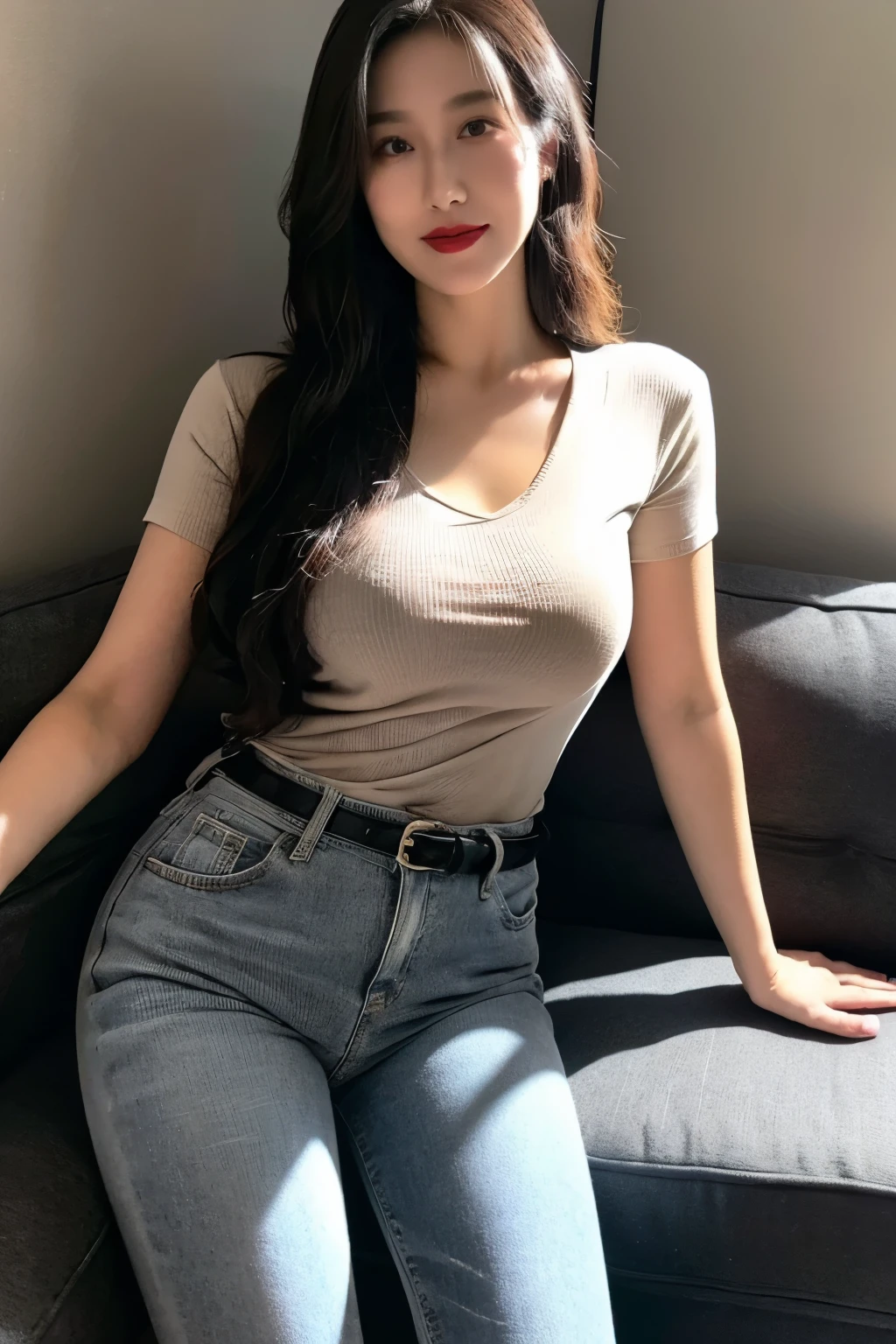 ((top-quality、8k、masterpiece:1.3))、Beautiful woman with perfect body:1.4、slim abdomen:1.2、Longhair, normal breast, Highly detailed facial and skin texture, A detailed eye, (smile), (full body shot), ((computer room)), (sitting on chair), (((wearing black t-shirt with short pants), looking in front