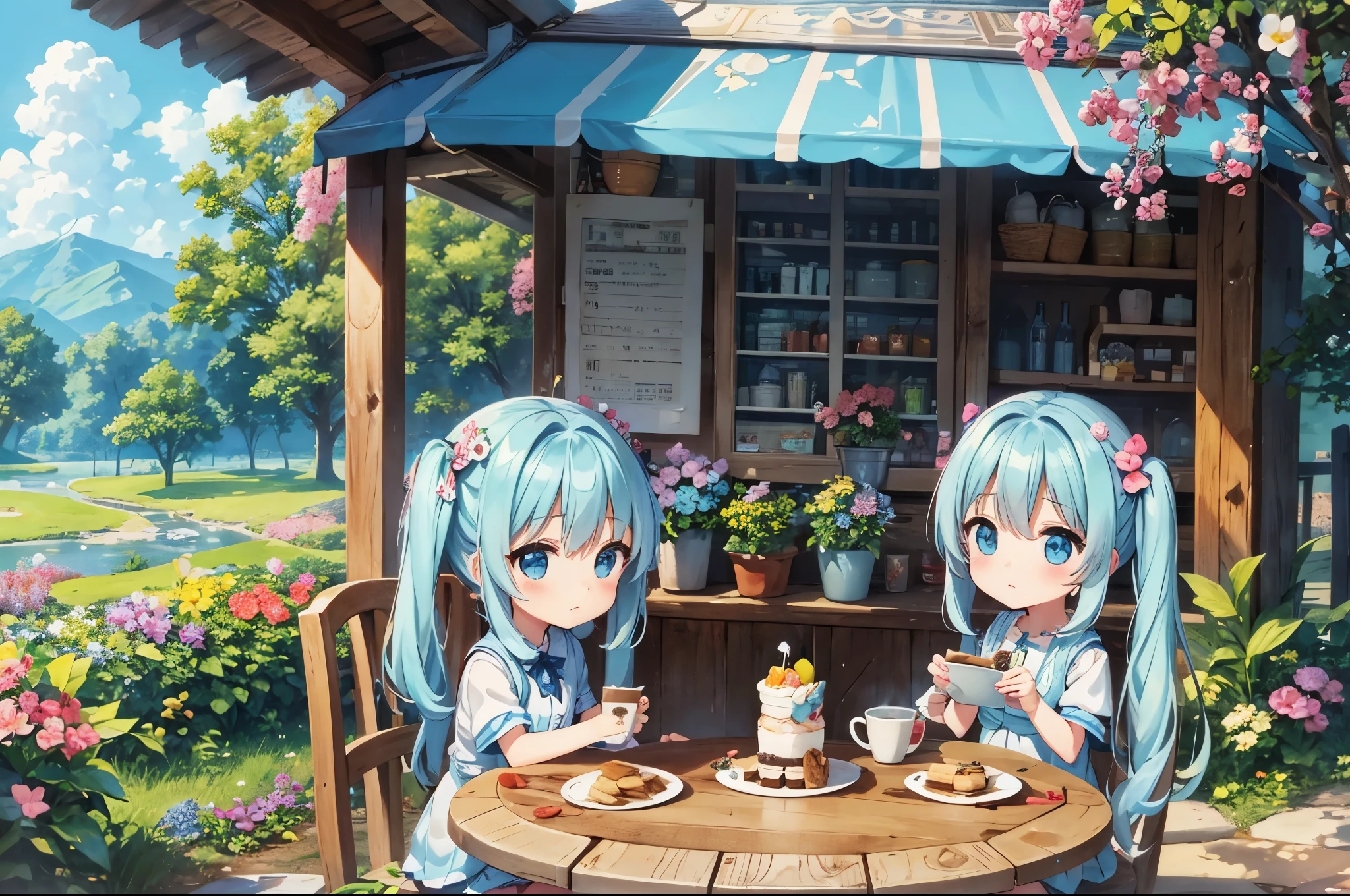 light blue long hair、Beautiful girl with twin tails、blue sky、A refreshing meadow full of flowers、A cafe decorated with flowers、Strawberry Parfait、chocolate、cake、cookie、Chibi characters are also included.、Birds and squirrels are watching the girl