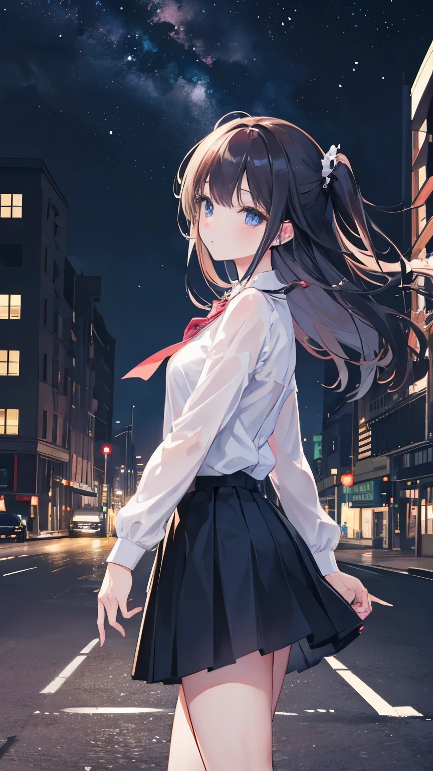 Top quality, super high resolution, very delicate, beautiful girl, 8K wallpaper, from side, facing at viewer, outdoors, Somewhere in the city, shirt, skirt, City at night, A city of ruins, The end