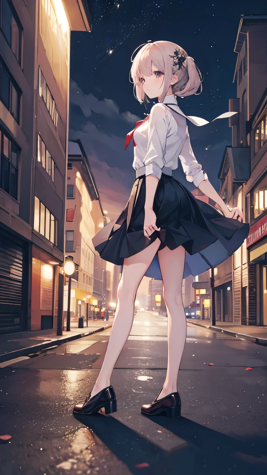 Top quality, super high resolution, very delicate, beautiful girl, 8K wallpaper, from side, facing at viewer, outdoors, Somewhere in the city, shirt, skirt, City at night, A city of ruins, The end