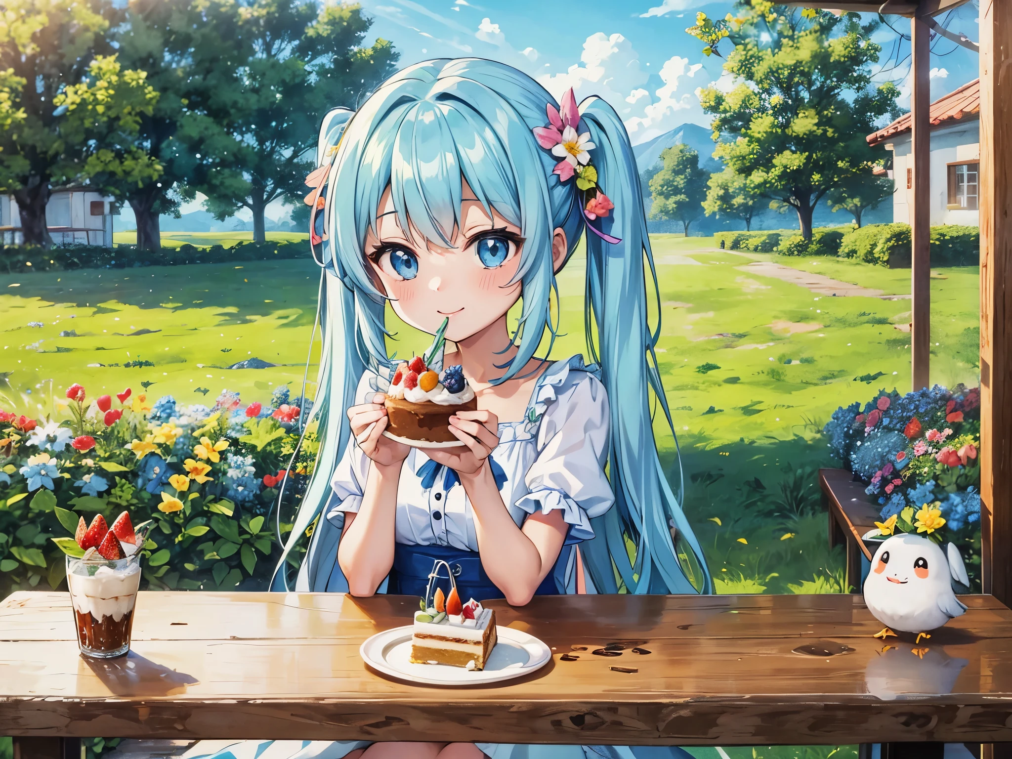 light blue long hair、Beautiful girl with twin tails、blue sky、A refreshing meadow full of flowers、A cafe decorated with flowers、eating strawberry parfait、refreshing smile、chocolate、cake、cookie、Chibi characters are also included.、Birds and squirrels are watching the girl