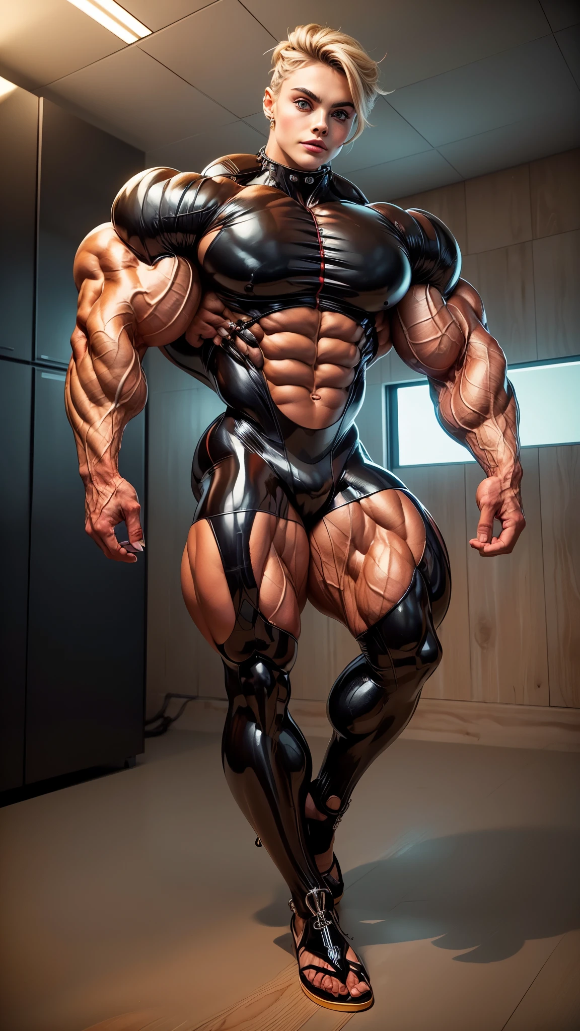 (1 girl:1.25), (cara delevingne:1.25), (beautiful woman wearing a cybernetic mechanical muscle bodysuit:1.25), (full body Latex Bodysuit:1.45), (extreme muscular definition:1.45), (huge muscular arms:1.45,) (10-pack abs:1.4), (lots of veins:1.25), (thin legs:1.25), Realistic, Very detailed face and eyes, masterpiece